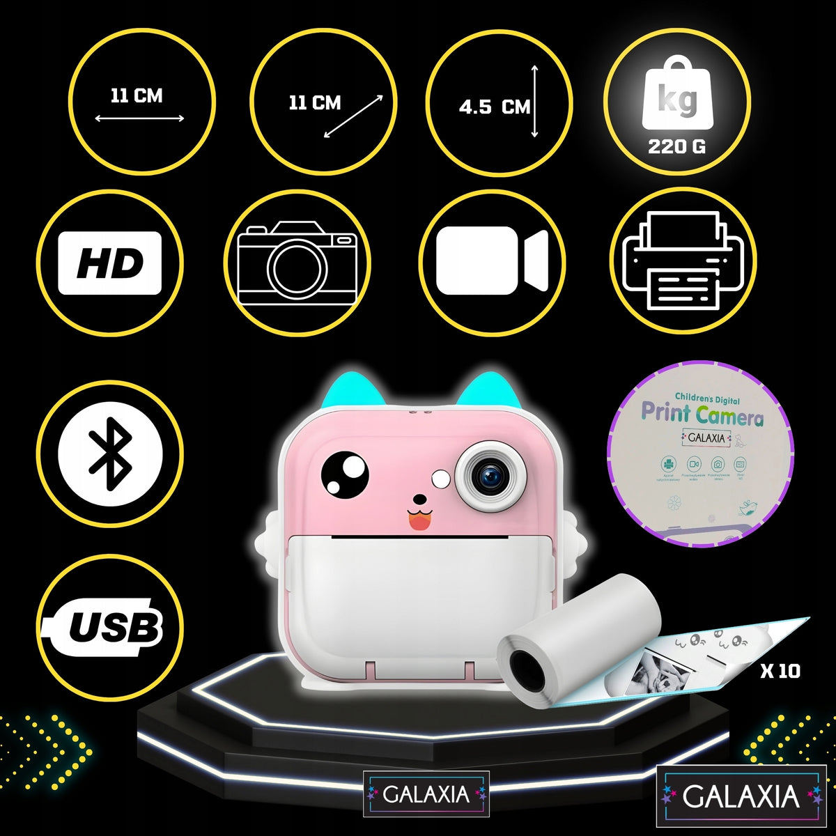 PRINT MINI THERMAL PRINTER FOR CHILDREN 13 ROLLS INSTANT CAMERA Color pink
