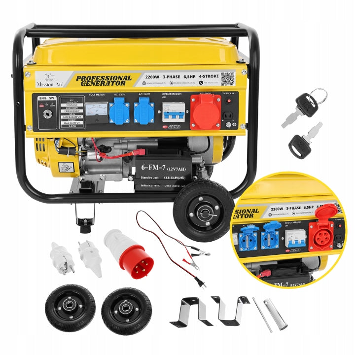 PROFESSIONAL GENERATOR SET 2200 3 Phase 230V 380V 6,5KM 4,41kW AVR Manufacturer code AGREGAT PRĄDOTWÓRCZY 2200W 6,5KM