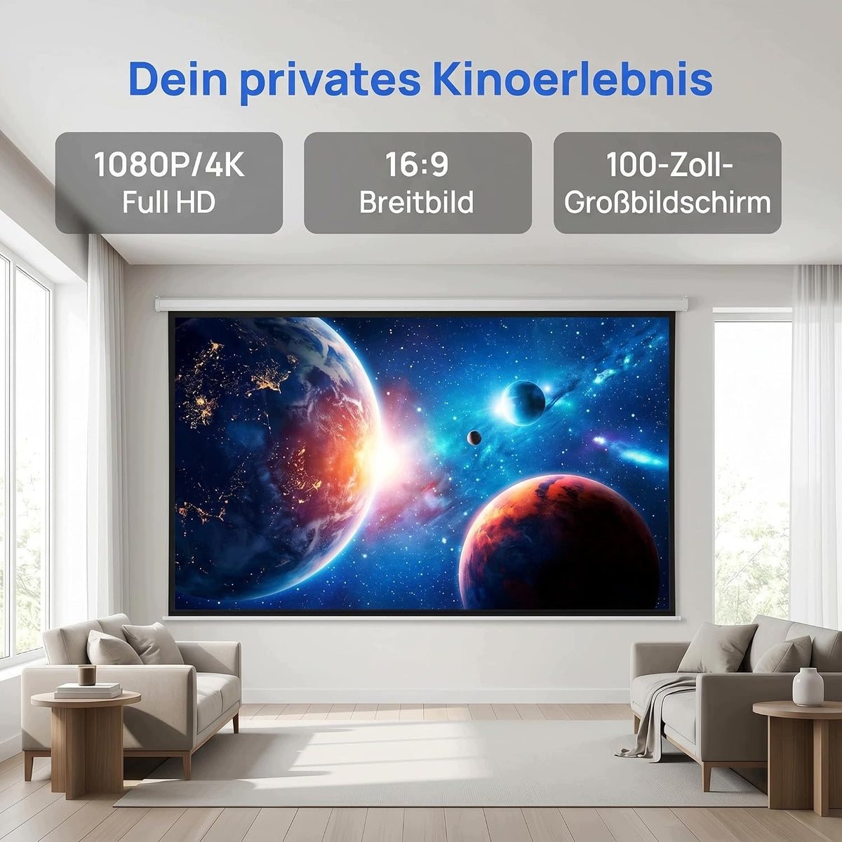 PROJECTION SCREEN 100 INCHES 16:9 PORTABLE FOLDING CANVAS 4K HD WHITE