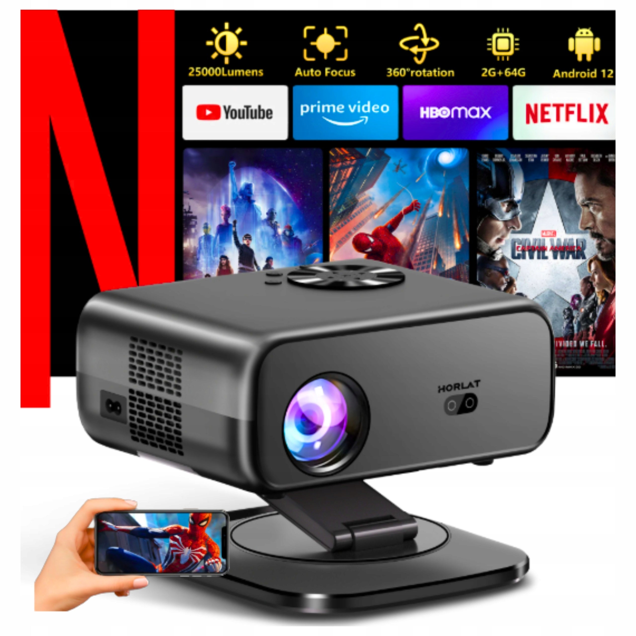 PROJECTOR PORTABLE HORLAT FULL HD 4K ROTATING CINEMA CAMPING+E-BOOK