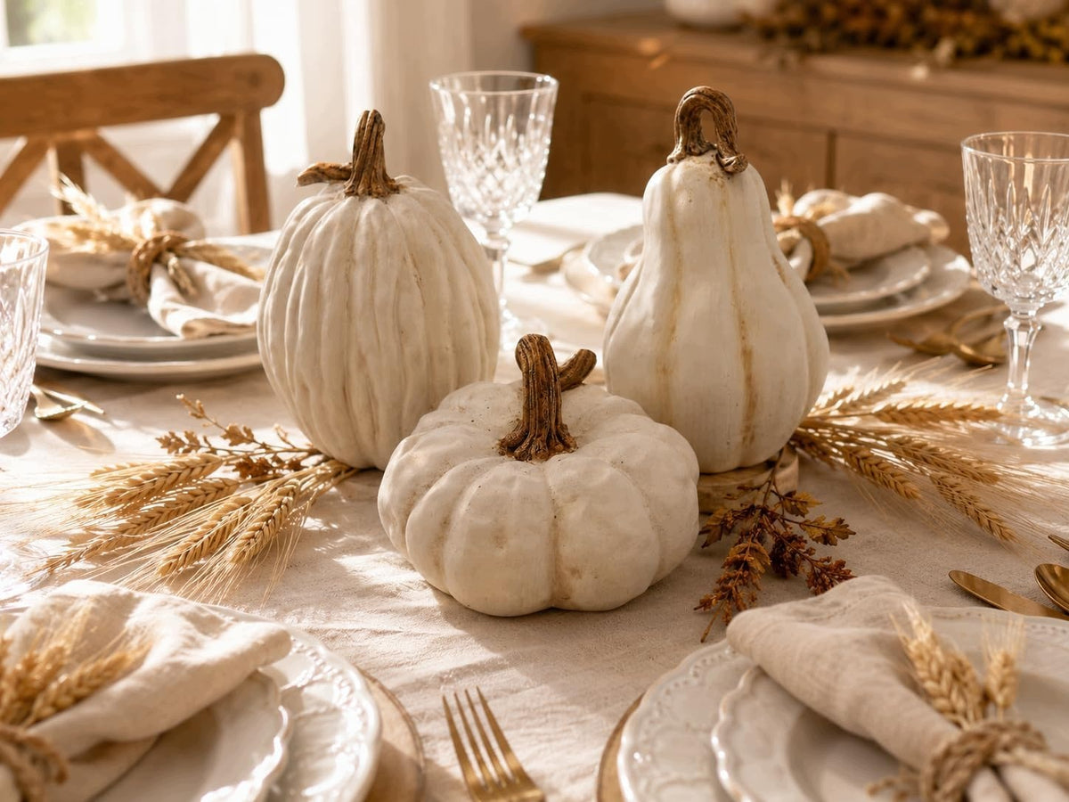 PUMPKIN AUTUMN DECORATION PUMPKIN SET OF 3 PIECES WHITE ORNAMENT REED HOUSE
