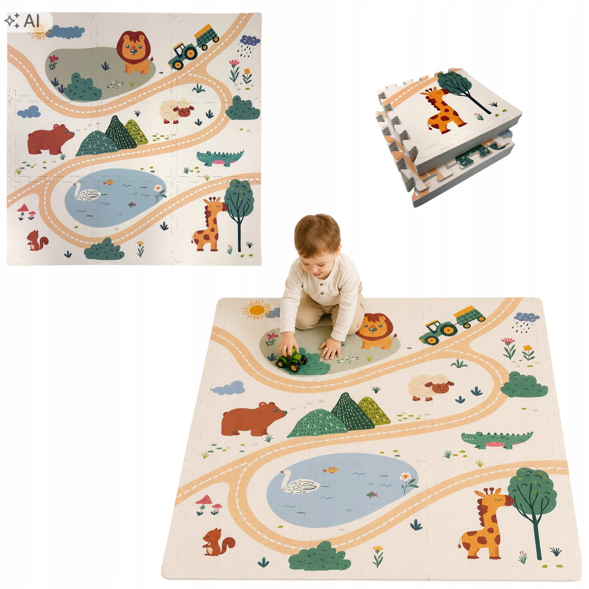 PUZZLE FOAM EDUCATIONAL MAT FOR CHILDREN SAFARI ANIMALS 90 X 90 CM