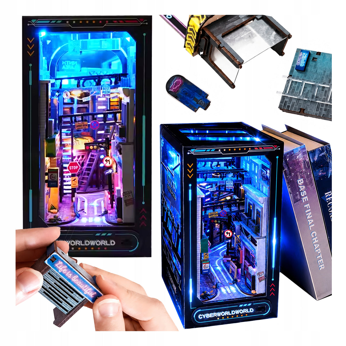 PUZZLE WOODEN 3D MINIATURE MODEL DIY SET WITH CYBERPUNK LIGHTS Packaging status original