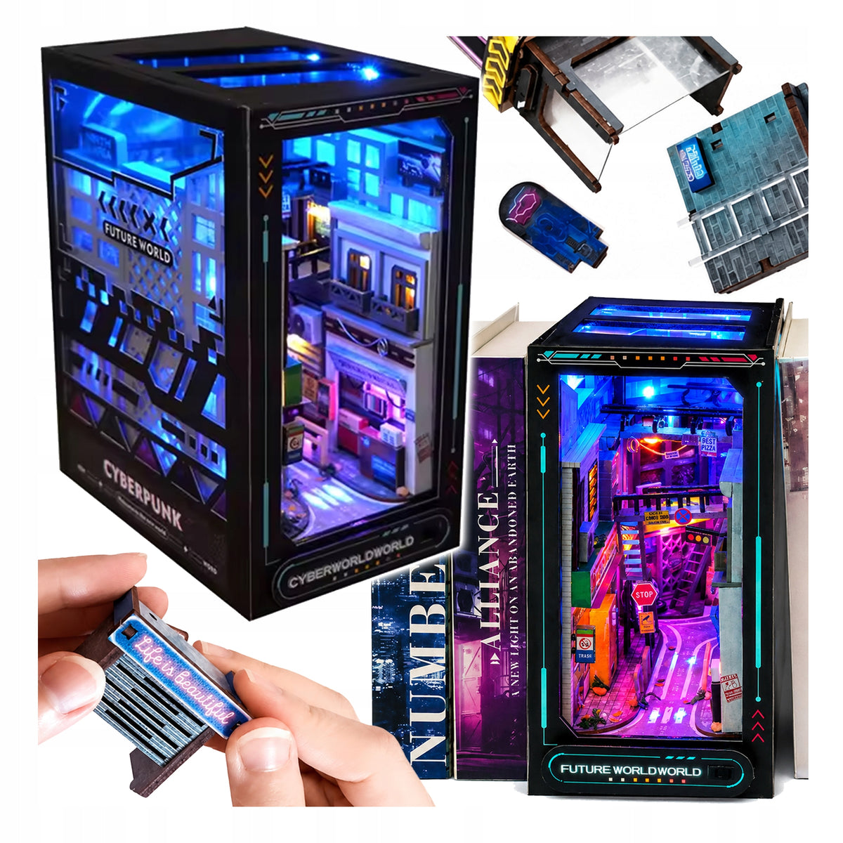 PUZZLE WOODEN 3D MINIATURE MODEL DIY SET WITH CYBERPUNK LIGHTS
