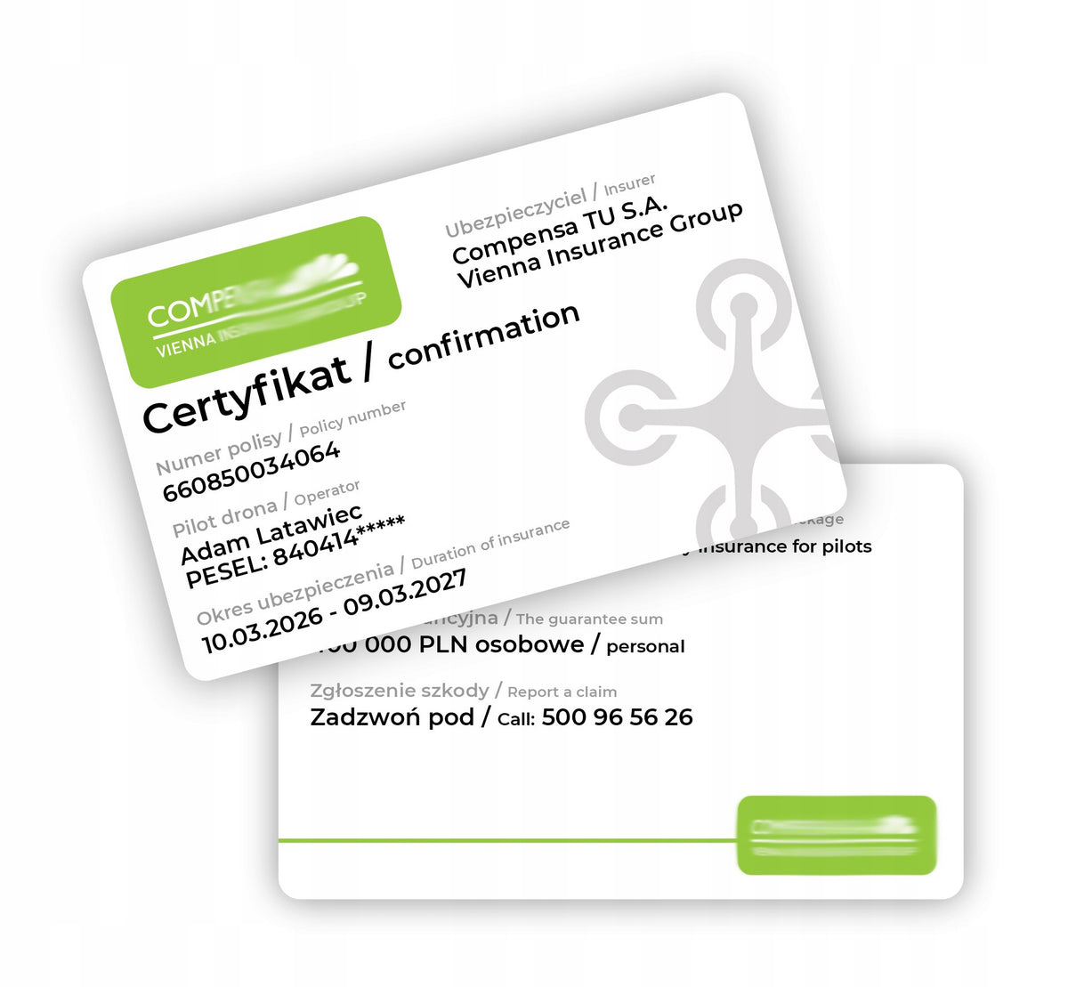 PVC card - drone operator insurance
