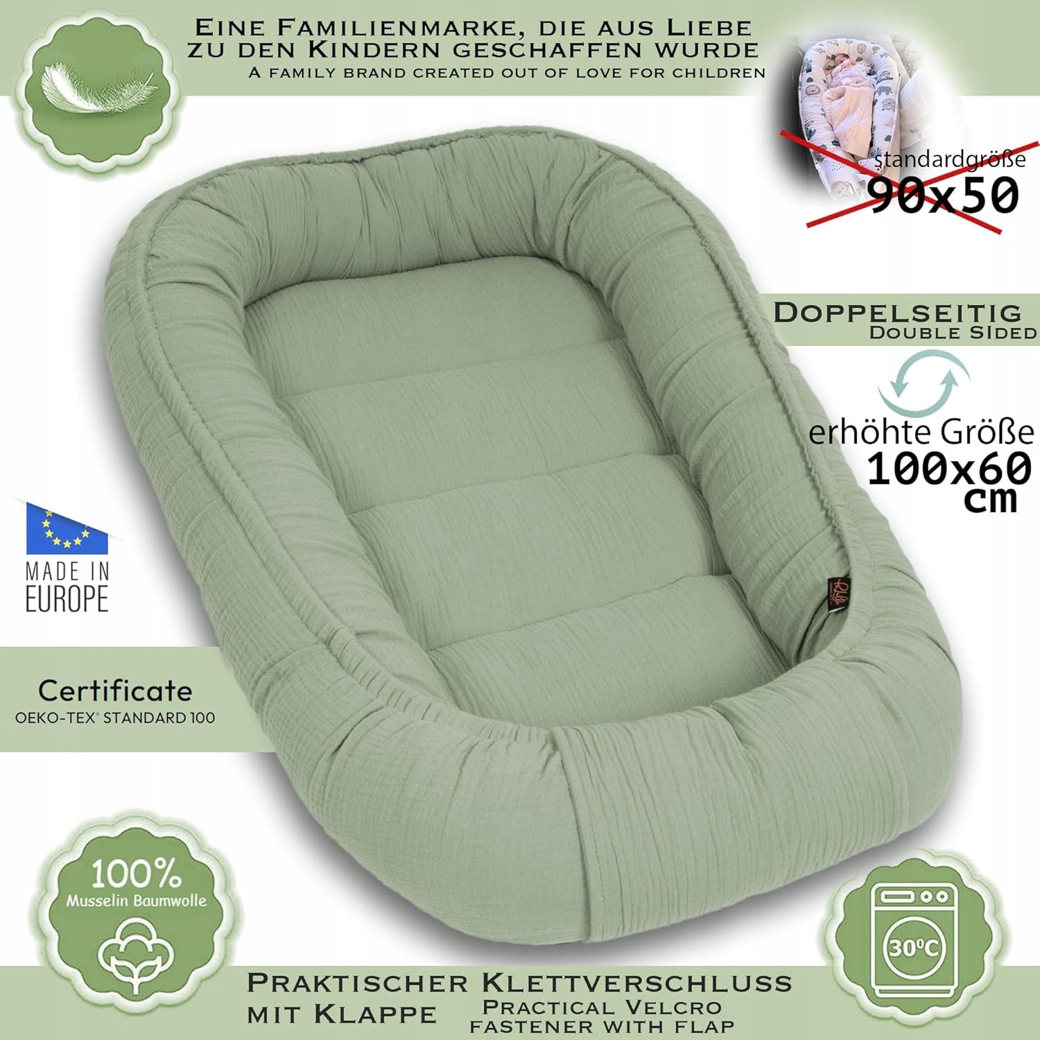 Palulli muslin baby cocoon LONG 100x60cm + cotton insert 100% Manufacturer code muslin2elementyzielony