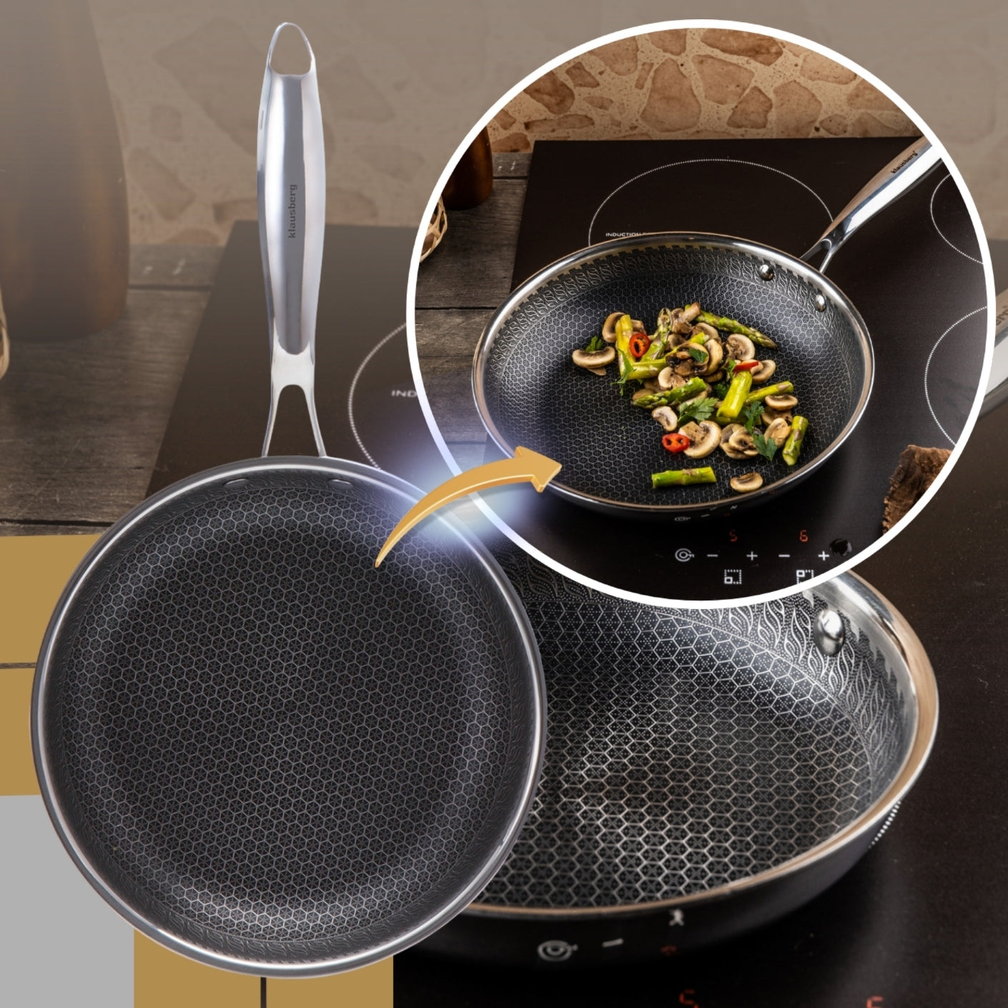 Pan 28 cm Honeycomb Non-Stick 3-Ply Steel 304 Induction PFOA Free” Packaging status original