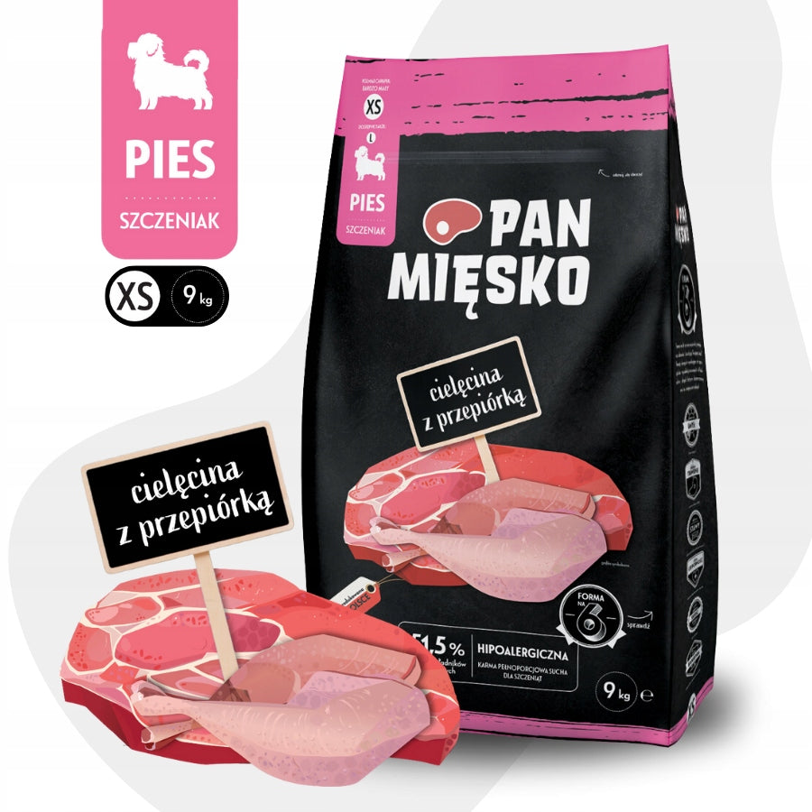 Pan Mięsko Dry food VEAL with QUAIL Small breeds PUPPY XS 9kg
