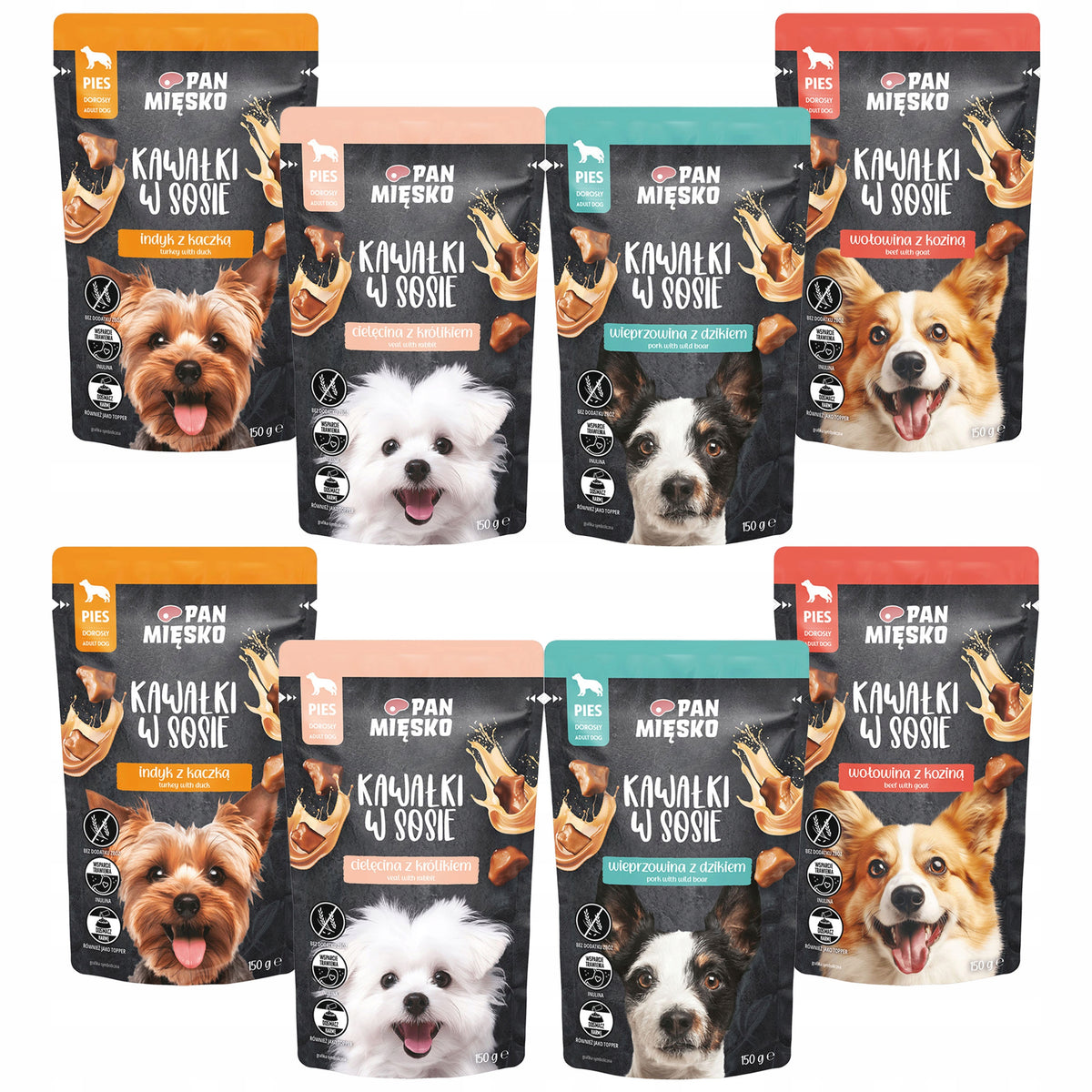 Pan Mięsko Pieces in Sauce Mix Flavours Wet Dog Food 8 x 150g Grain Free Manufacturer code super karma dla psa Polski Produkt Premium