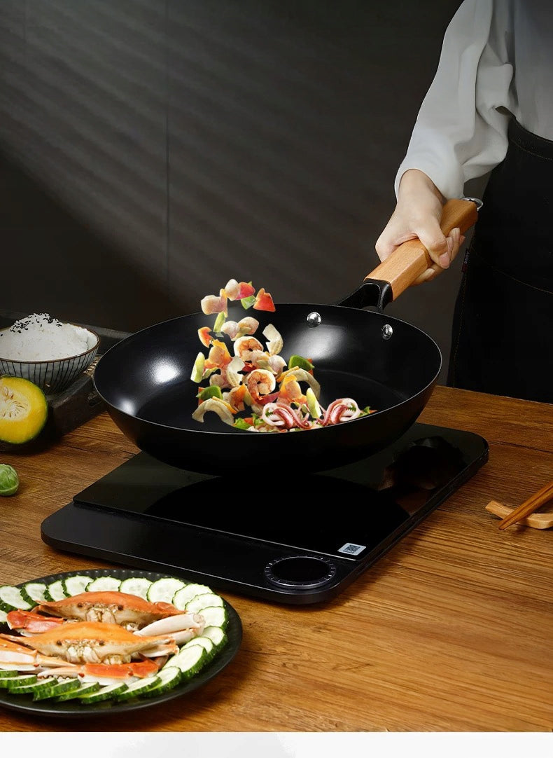 Pan Wok 26cm Deep Handle Wooden Induction Brand no brand