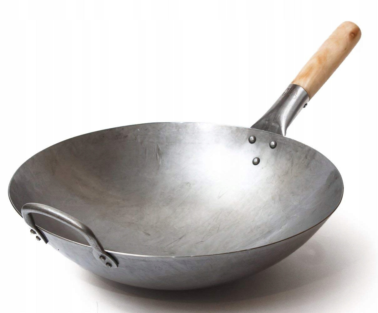 Pan Wok 35cm Carbon Steel 1,8mm Round Bottom Quick Frying Craft Wok