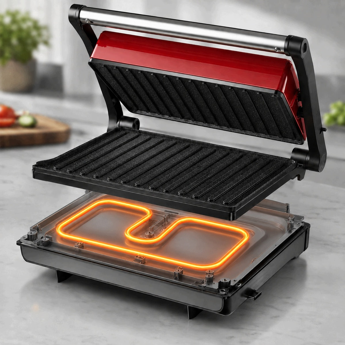 Panini Sandwich Toaster Electric Grill 1000W 180° Ceramic Red Packaging status original