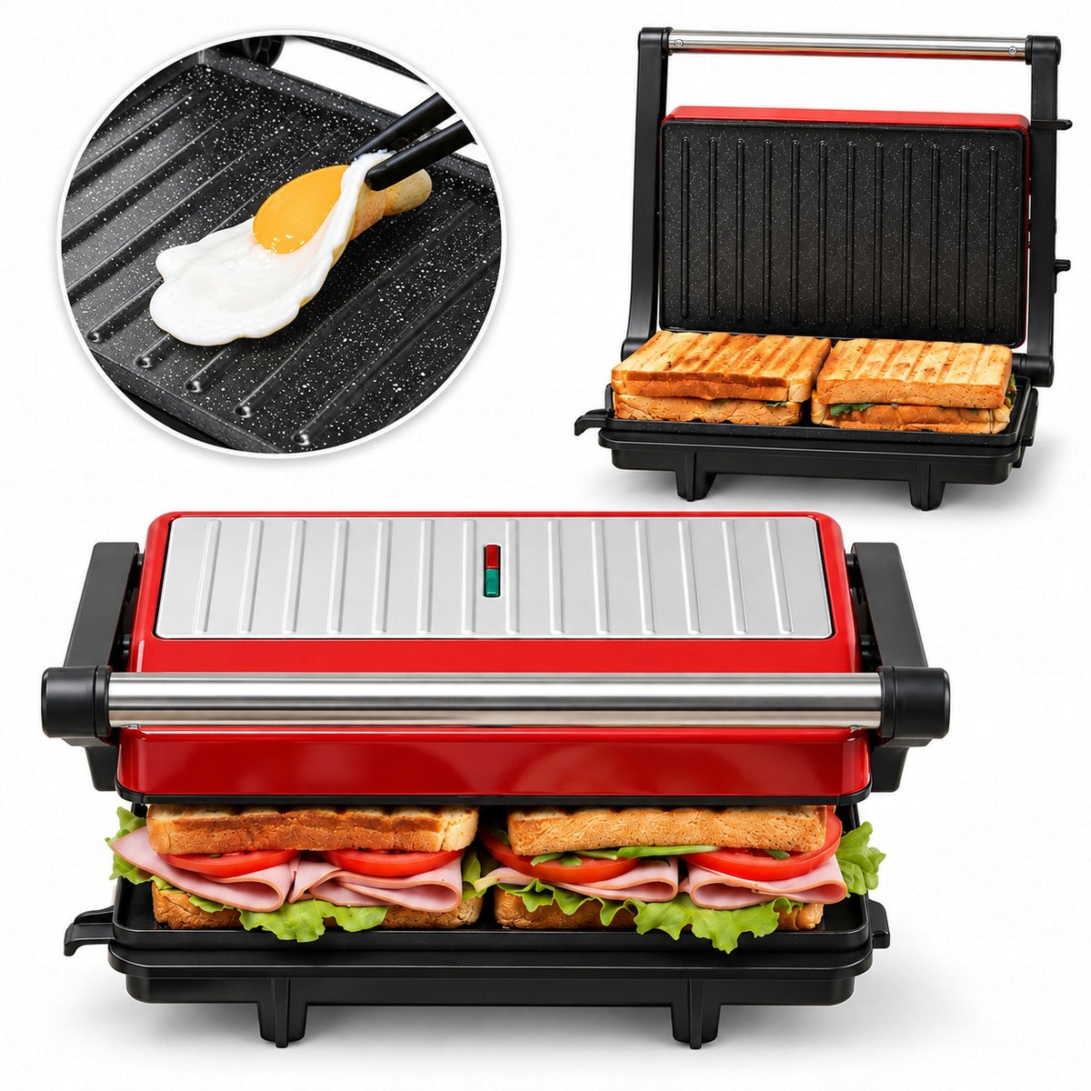 Panini Sandwich Toaster Electric Grill 1000W 180° Ceramic Red