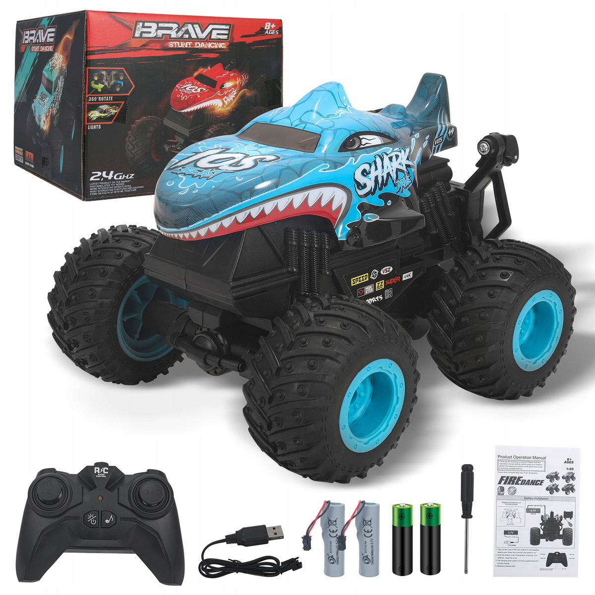 Panoleap RC Monster Shark Truck–2.4GHz Car with Music, Lights, Stunts,Blue