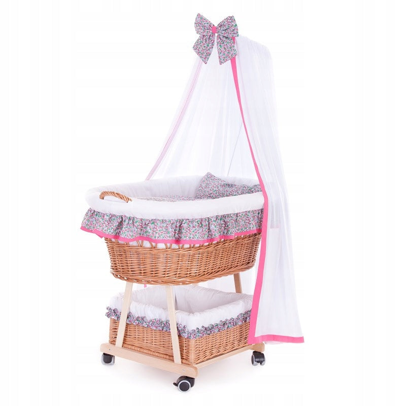 Papilio Wicker Baby Stroller with Pink Hem, Canopy
