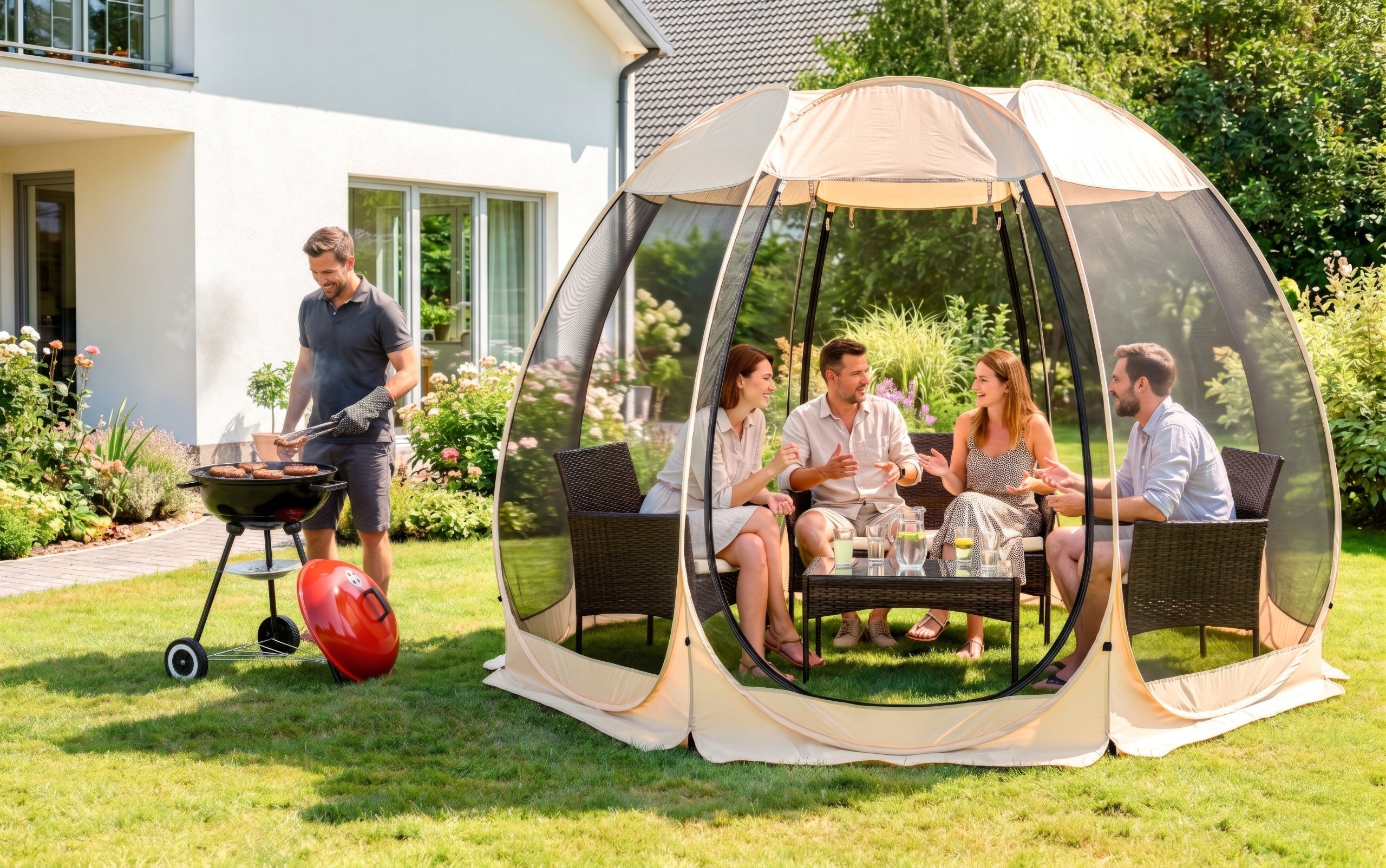 Pavilion Round Garden Gazebo Tent with Mosquito Net Beige CAMA 350 cm Type pavilion