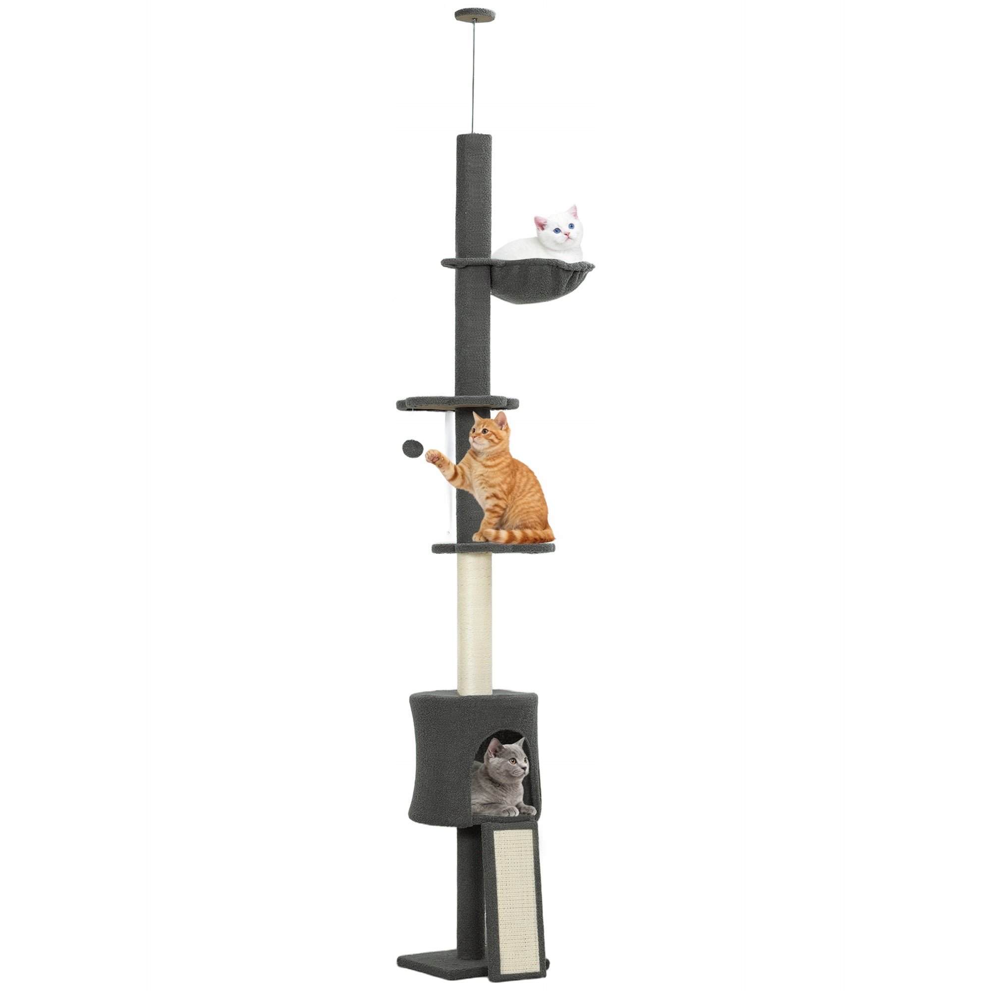 PawHut Ceiling scratcher, adjustable height 200-240 cm with hammock, cave