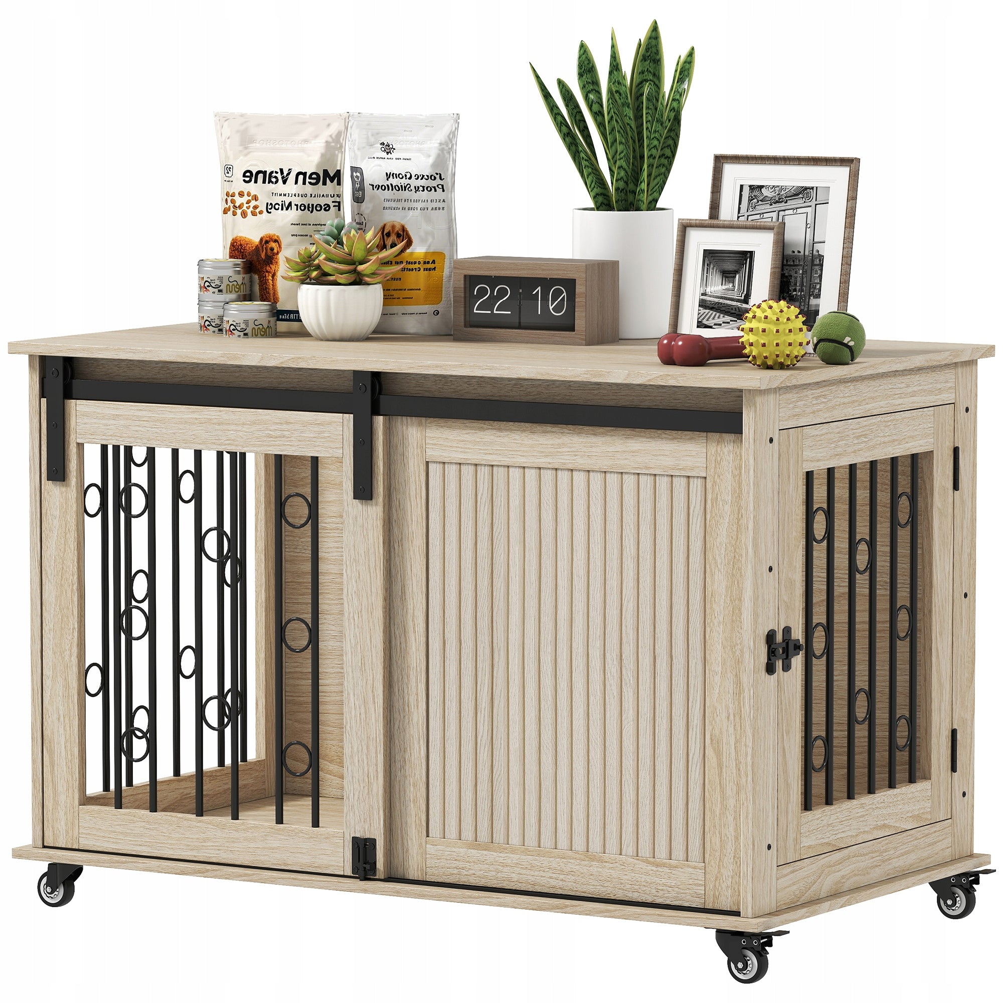 PawHut Dog cage 100 cm on wheels, with 2 sliding doors, oak