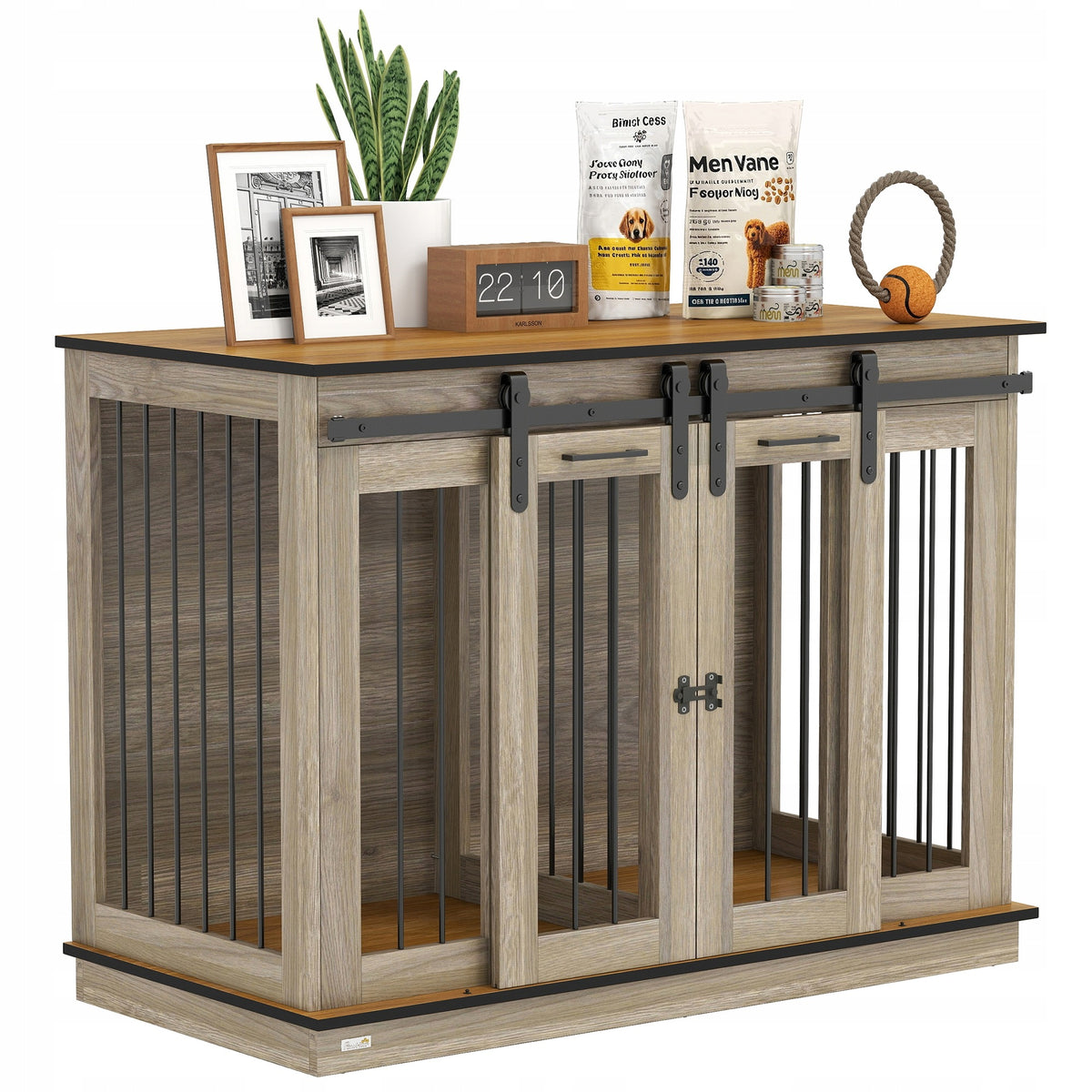 PawHut Modern side table with dog cage and dividing panel, oak