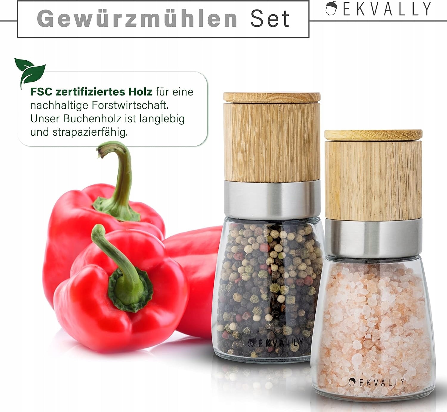 Pepper and Salt Grinder Brown Wooden Ceramic Set 2 Pieces Packaging status original