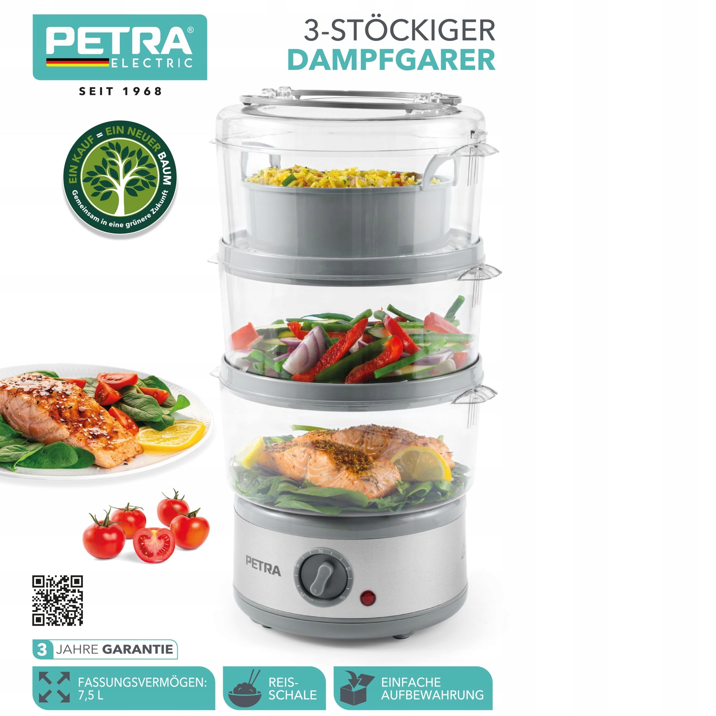 Petra PT2726ZV2HEVDE 3-level electric steamer 7,5l 500W timer Brand Petra