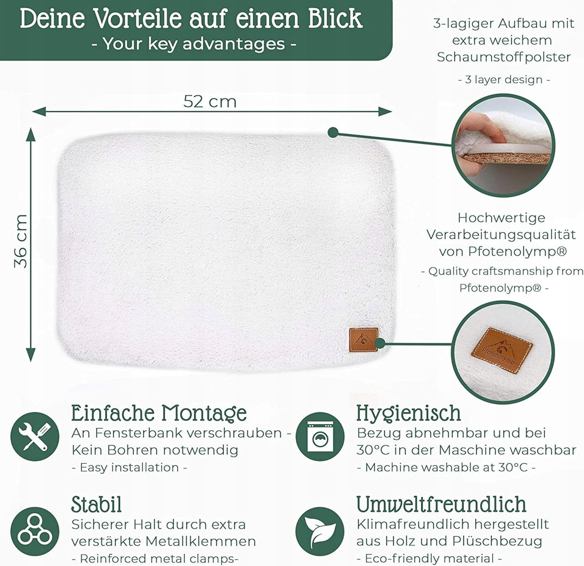 Pfotenolymp Cat Window Bed White Plush Washable Cover 52 cm x 36 cm Packaging status original
