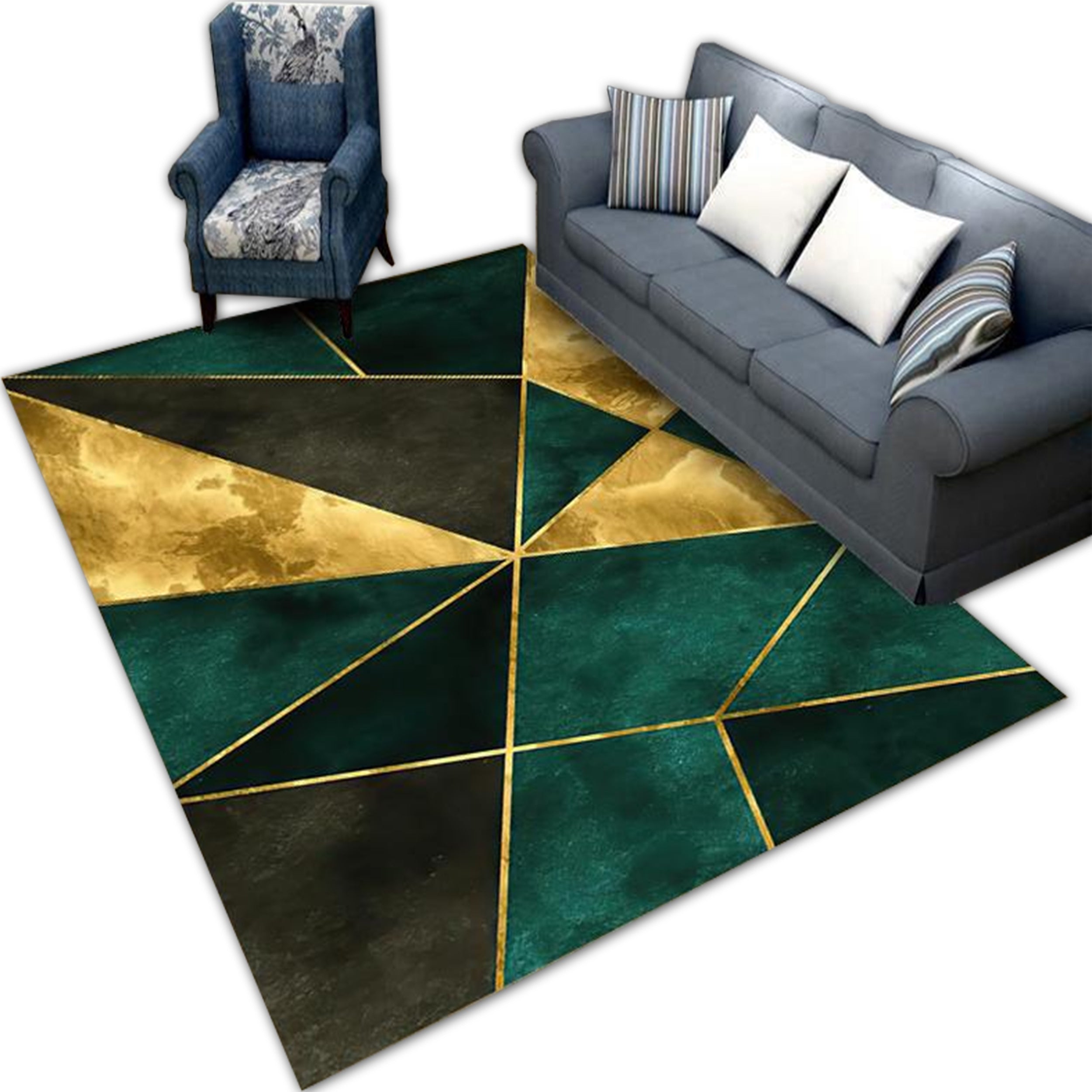 Phenomenal Anti-Slip Carpet Fancy 120X160 Triangles Gold Green Mosaic