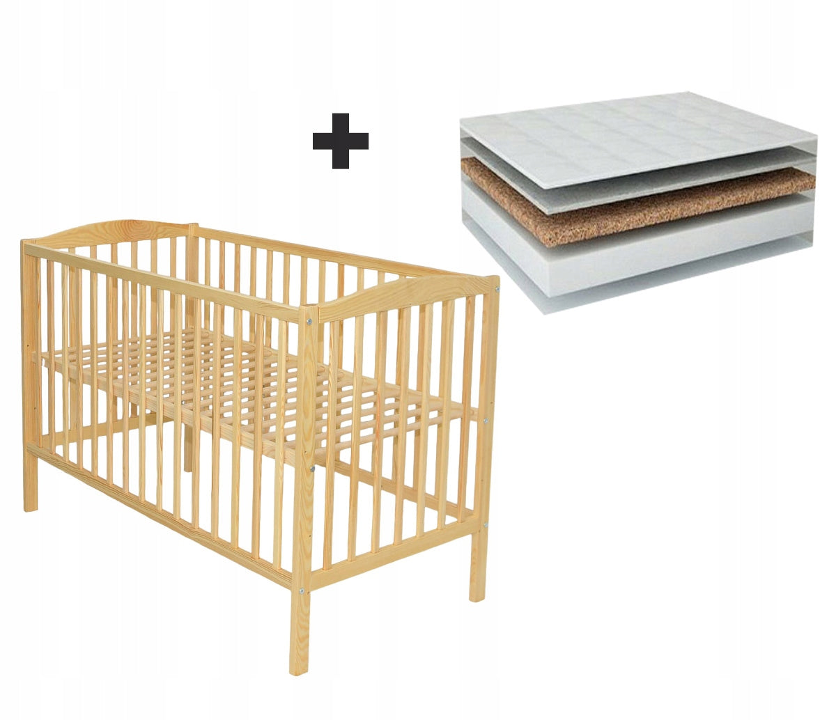 Pine Wooden Baby Crib + Coconut Foam Mattress Set