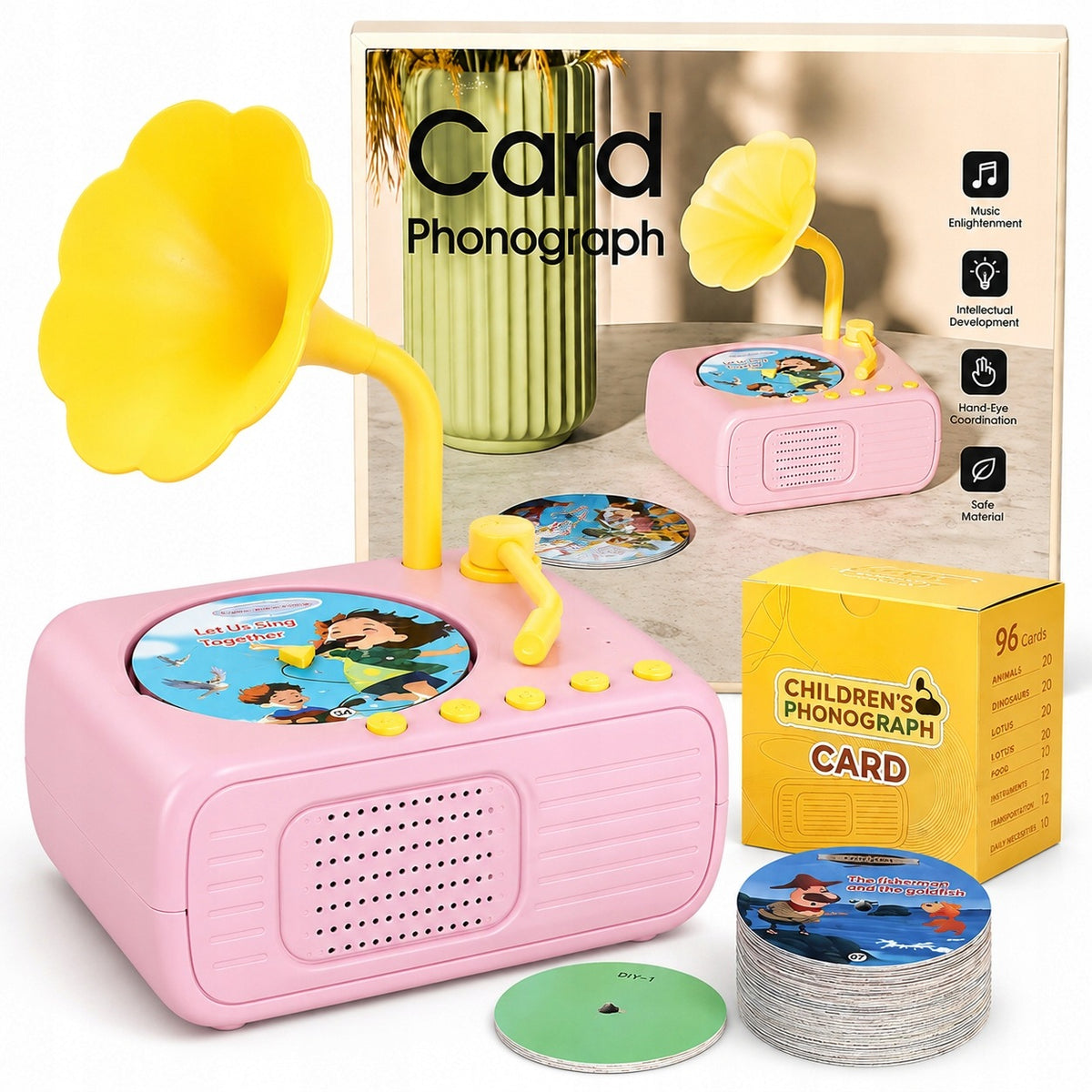 Pink Music Mixer Turntable for Kids + 96 Cards and Music Recording