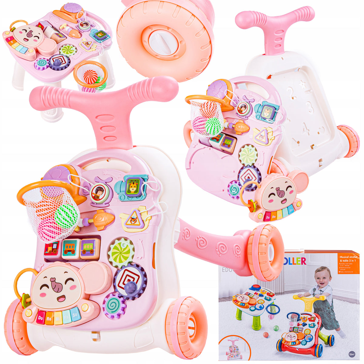 Pink PUSHER WALKER INTERACTIVE EDUCATIONAL TABLE 2IN1 Ride-On Piano