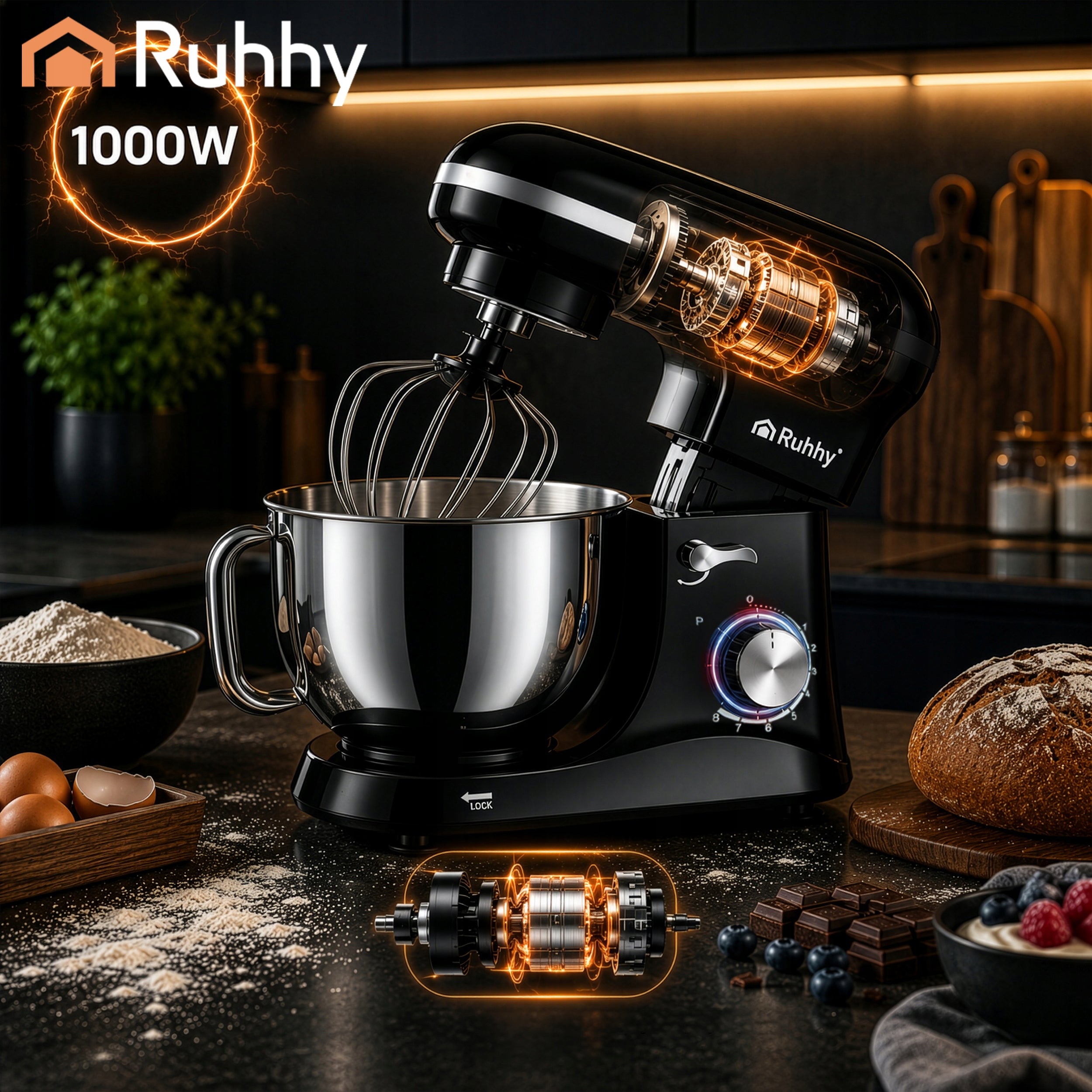 Planetary Robot Kitchen Mixer Multifunctional with Large Bowl 4,5L 9in1 Powerful Brand Ruhhy