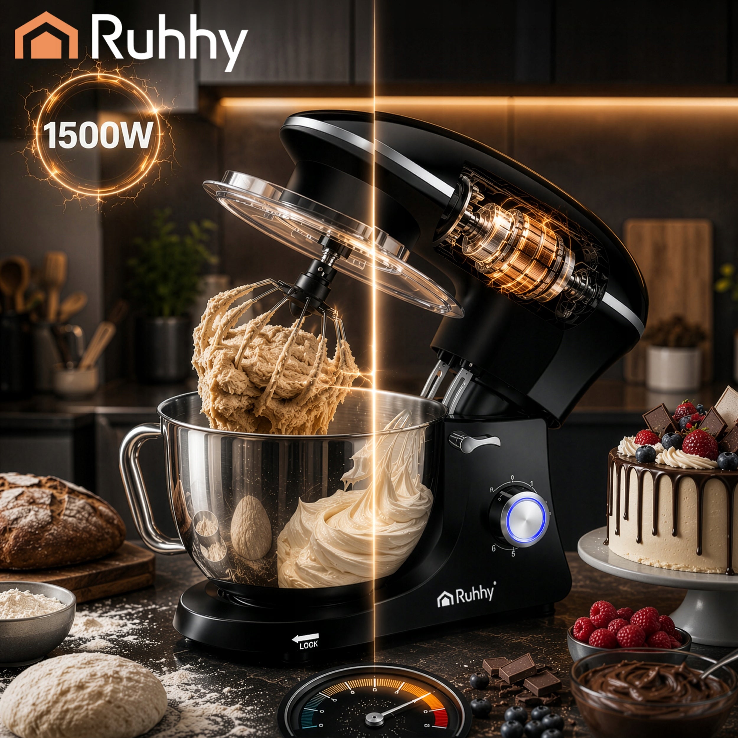 Planetary Robot Kitchen Mixer Multifunctional with Large Bowl 6,2L 9in1 Powerful Brand Ruhhy