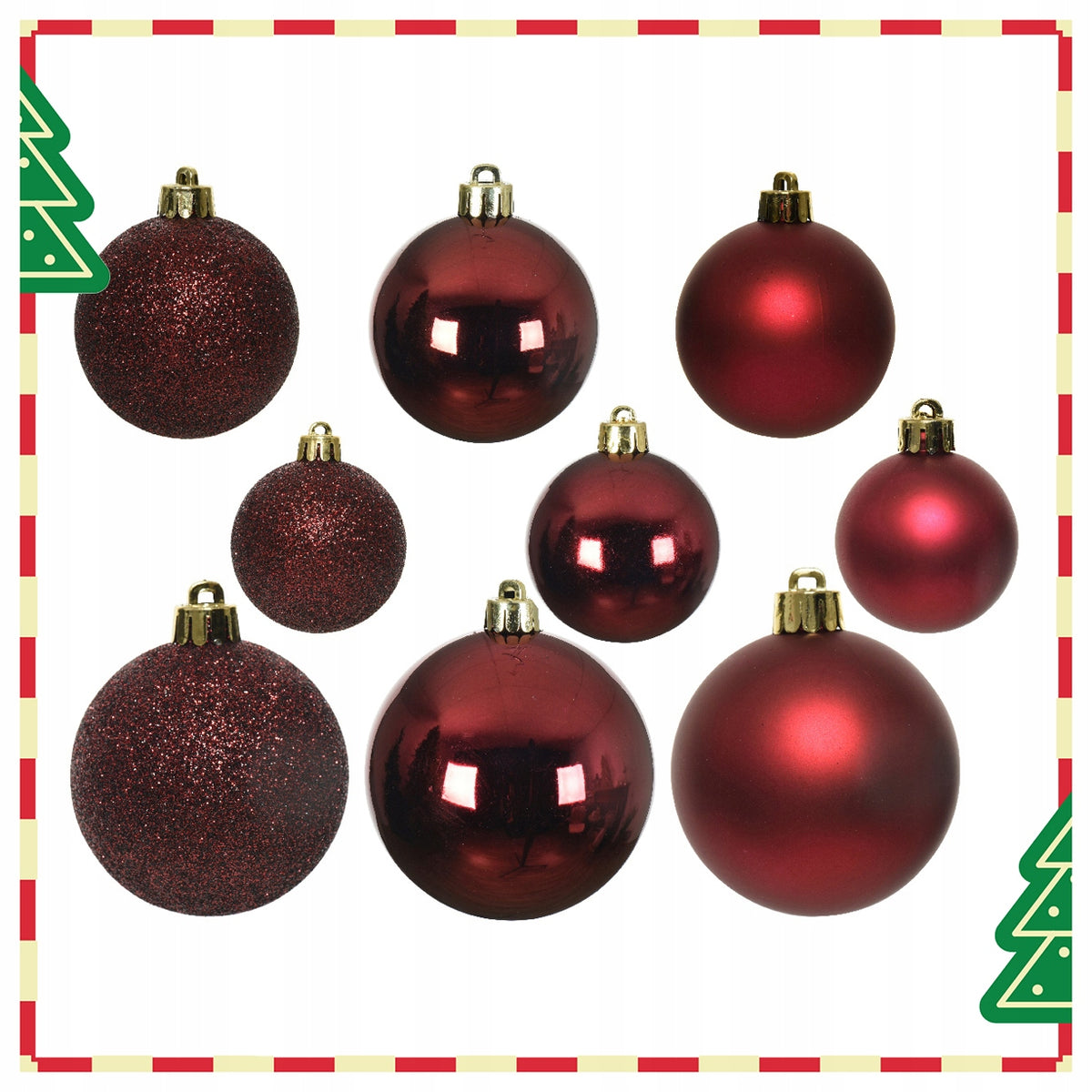 Plastic burgundy Christmas tree baubles 30 pcs unbreakable mix sizes Brand Decoris