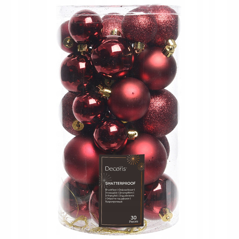 Plastic burgundy Christmas tree baubles 30 pcs unbreakable mix sizes