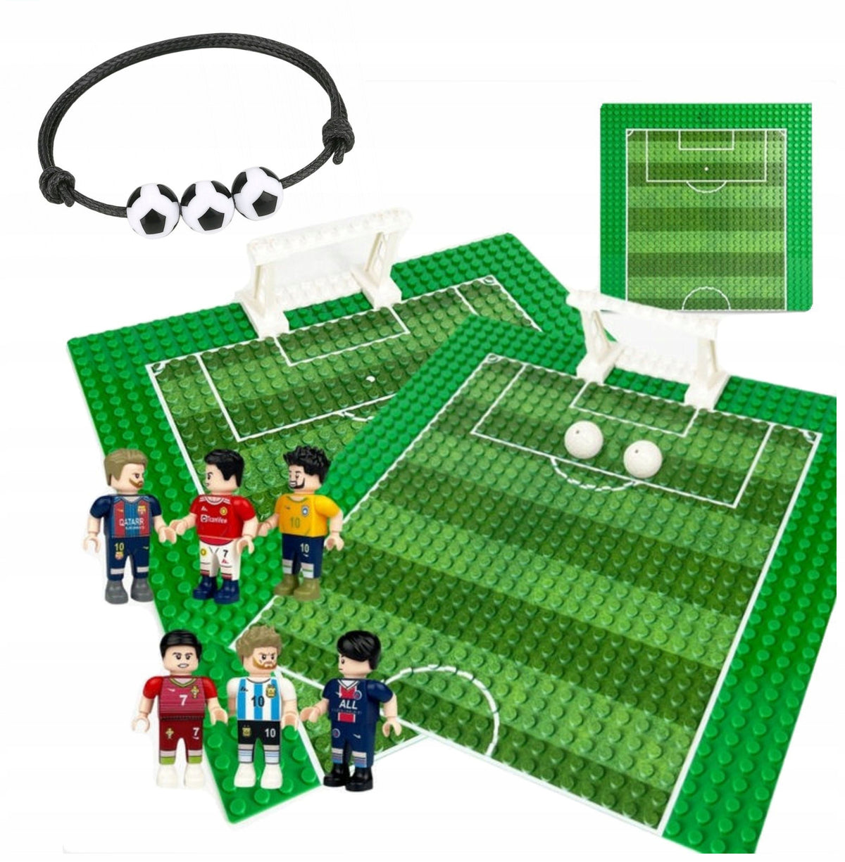 Plastic football stadium building blocks with figurines and bracelet