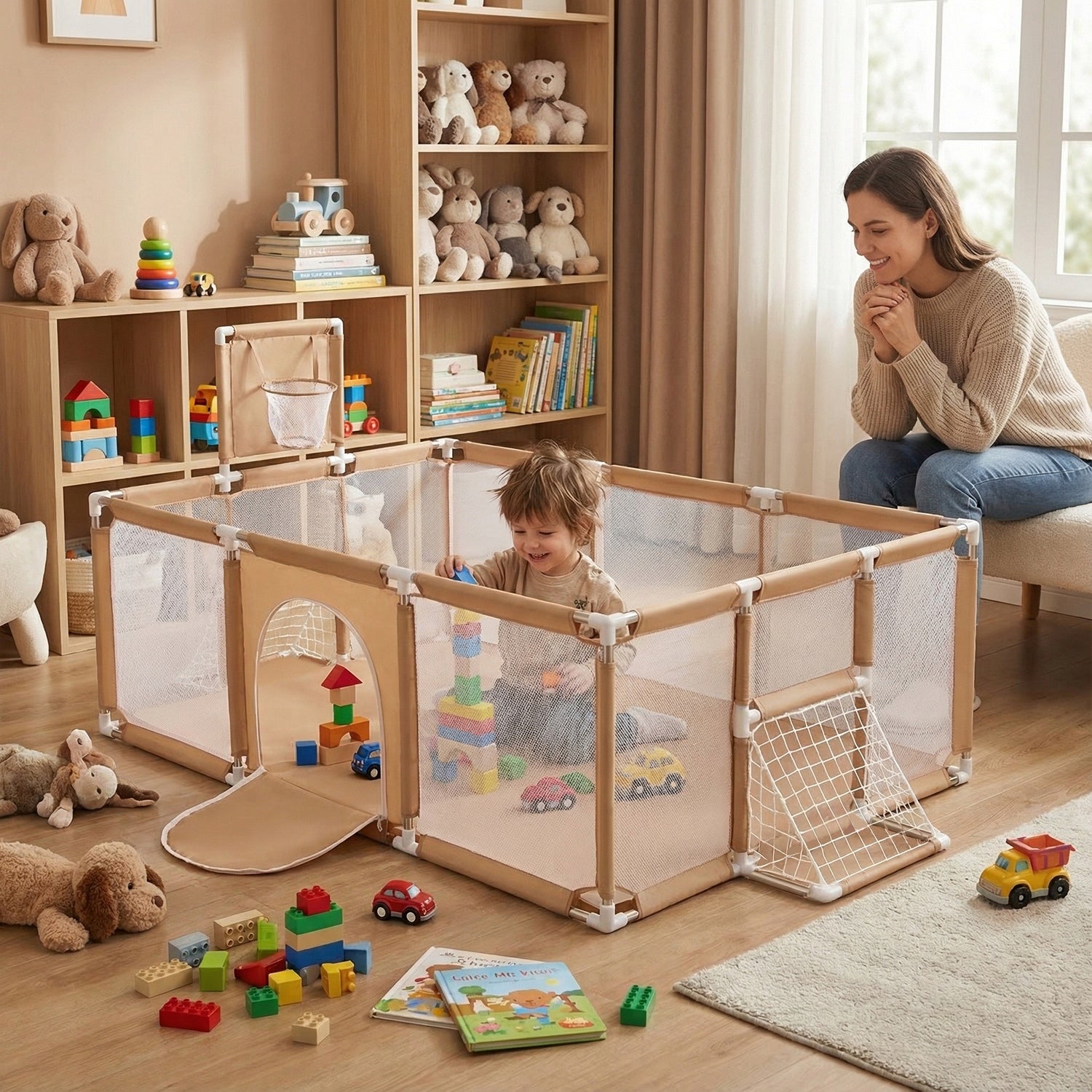 Playpen Children's Playground Basket Goals Square Toys BO-100X beige without balls