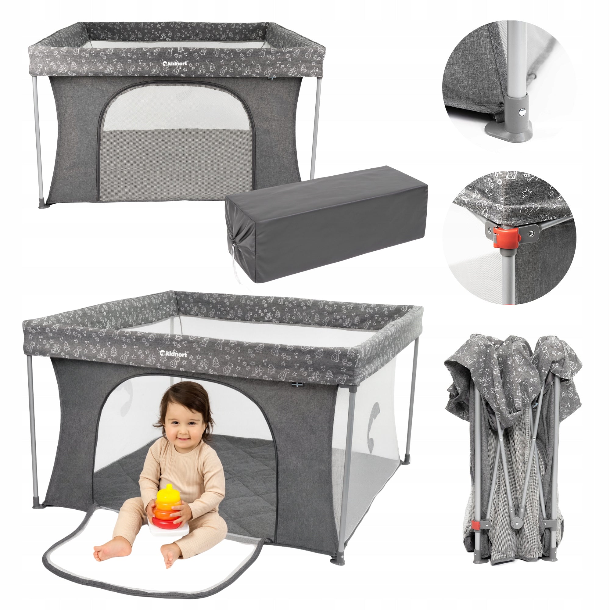Playpen for children 126 x126 cm Snøen light grey, dry pool