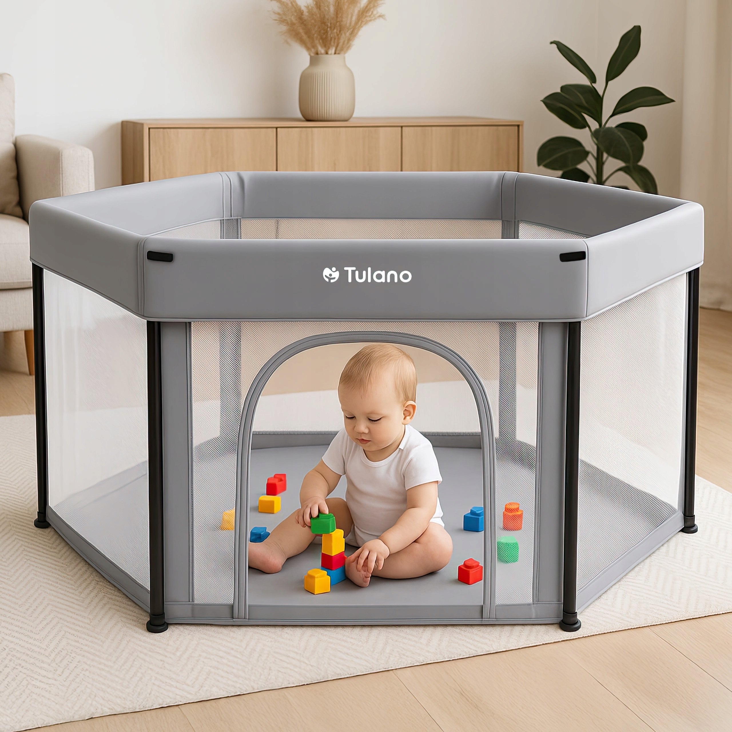 Playpen for children TULANO dry pool for children square toys grey 125x125 Manufacturer code TN-COZY 30 GREY