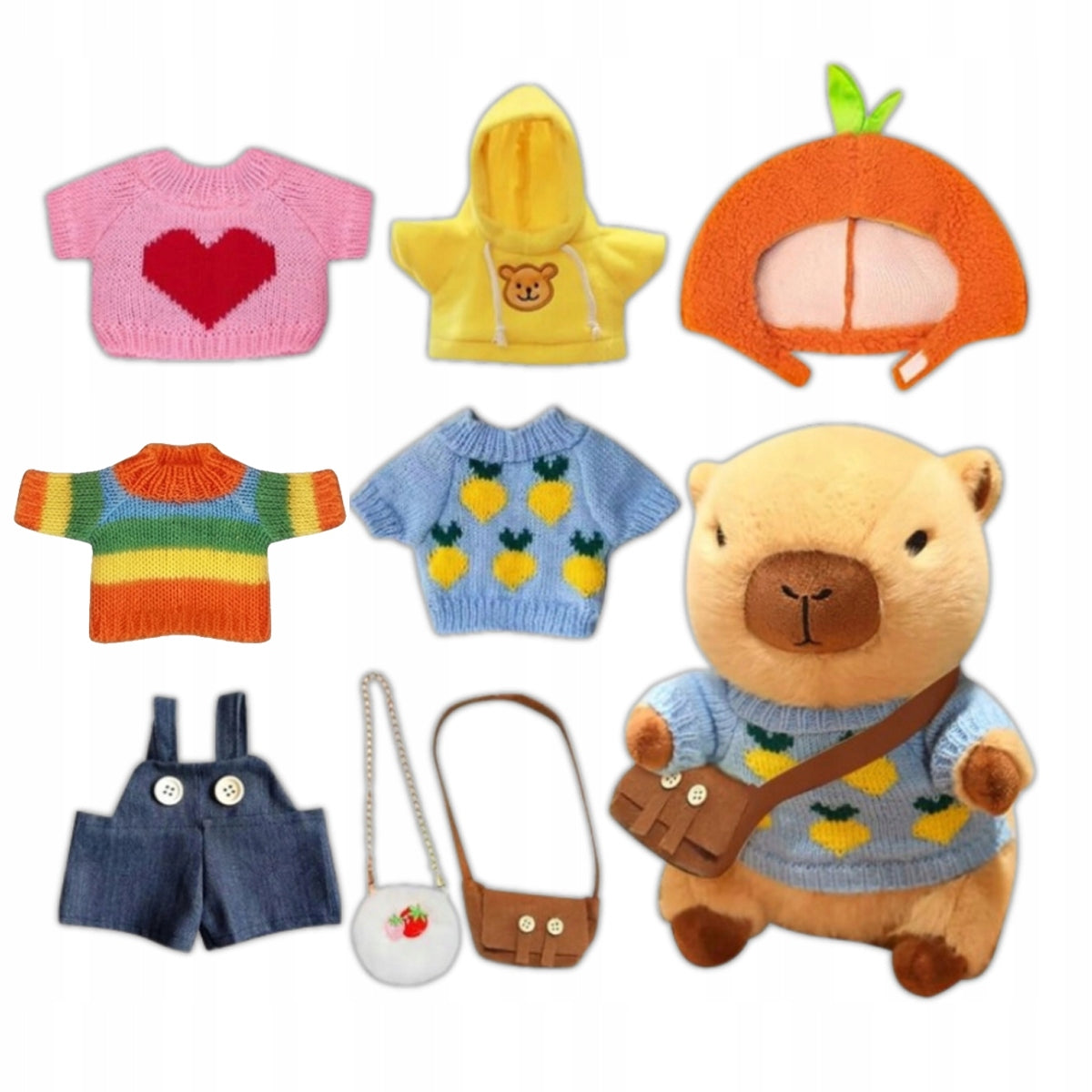 Plush capybara with 8 clothes and accessories, height 25 cm.