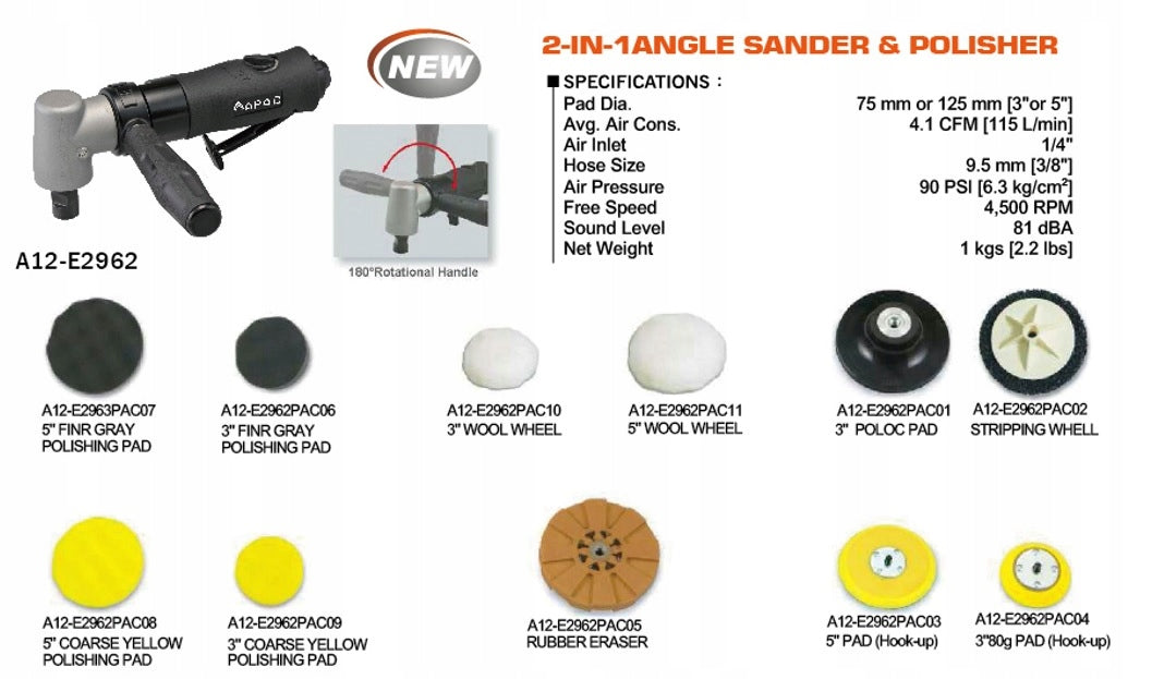 Pneumatic polisher with adjustable speed 4000rpm. Brand Apac