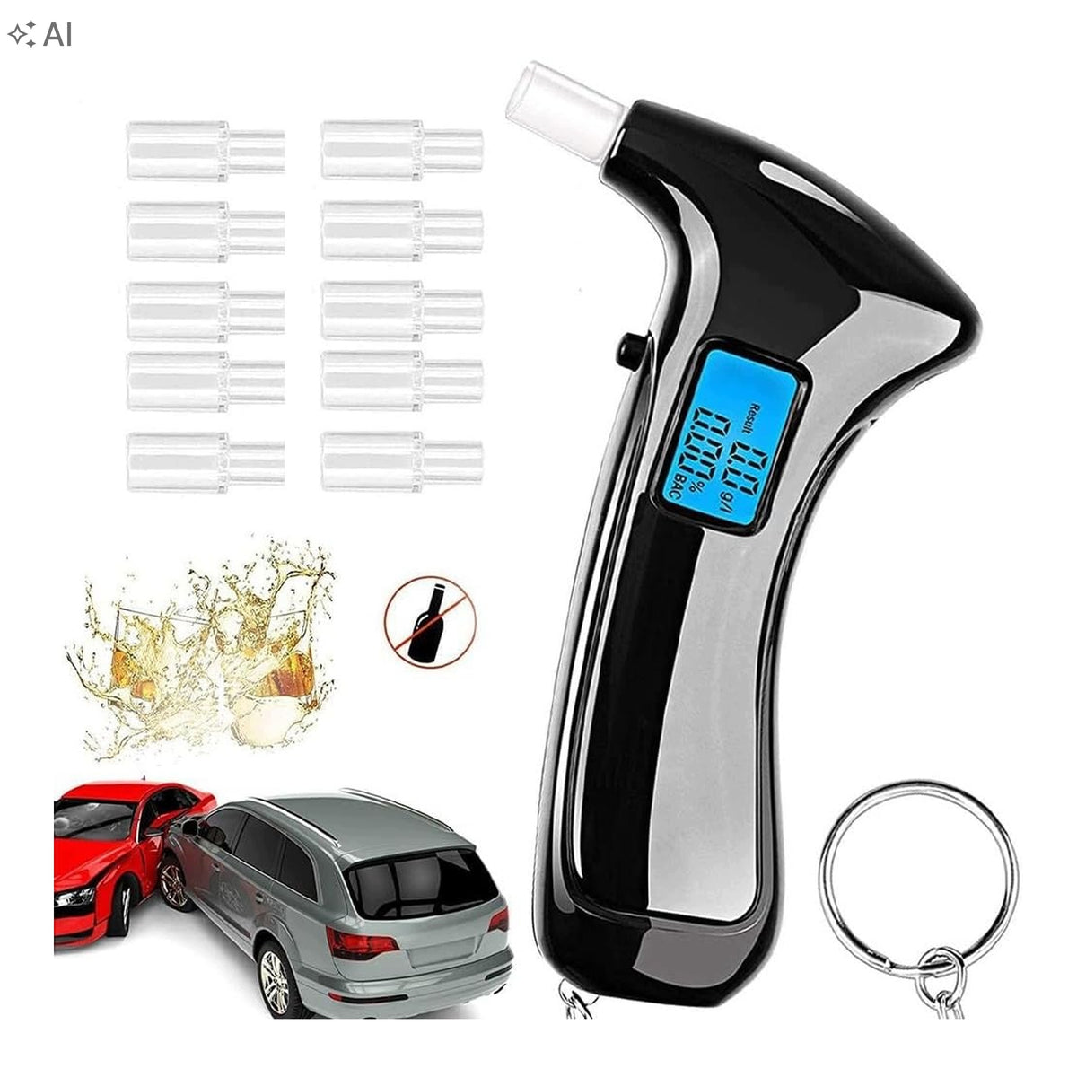 Police Alcohol Tester Digital Breathalyzer With LCD Display 10 Mouthpieces Black