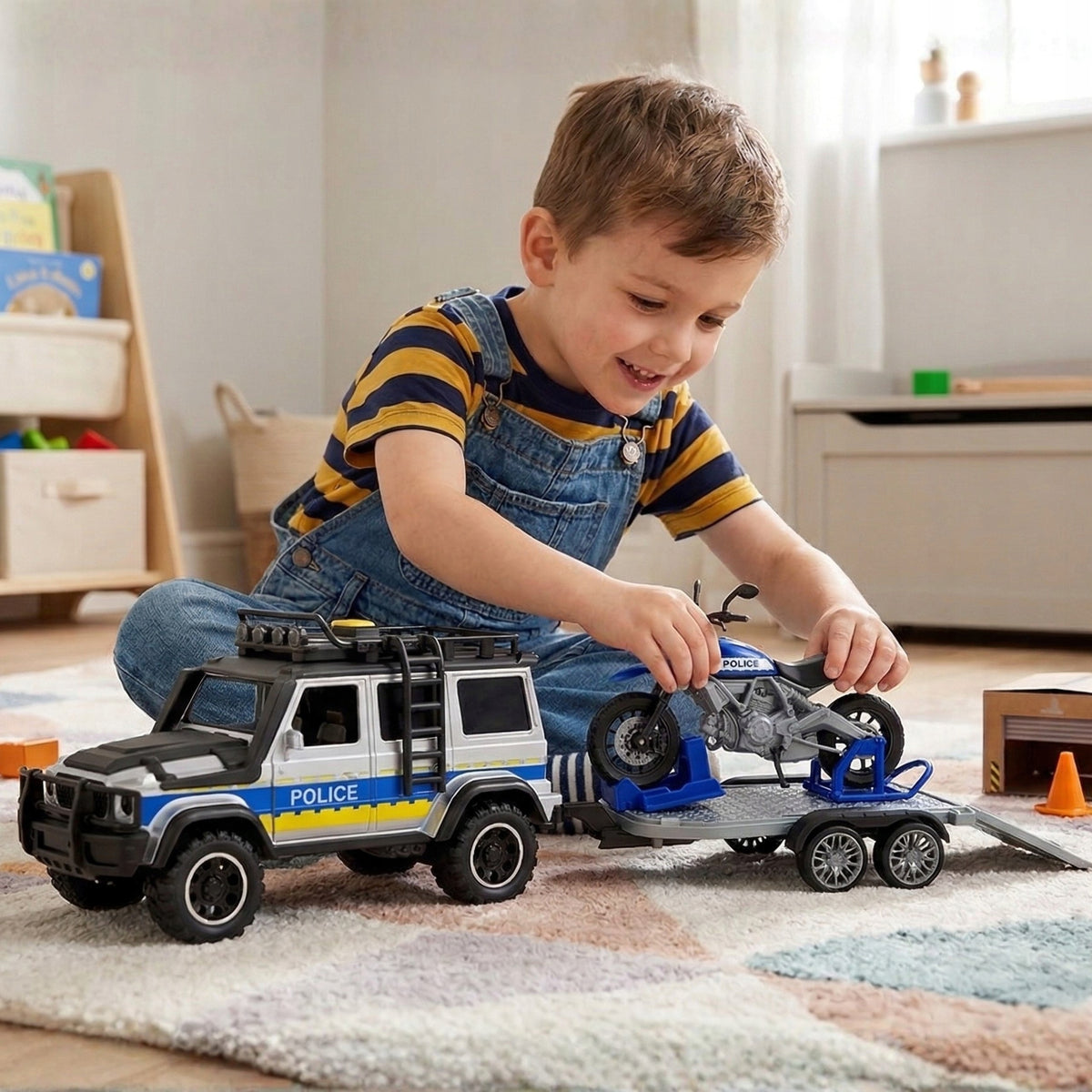 Police Off-Road Car Kit with Motorcycle Trailer Packaging status original