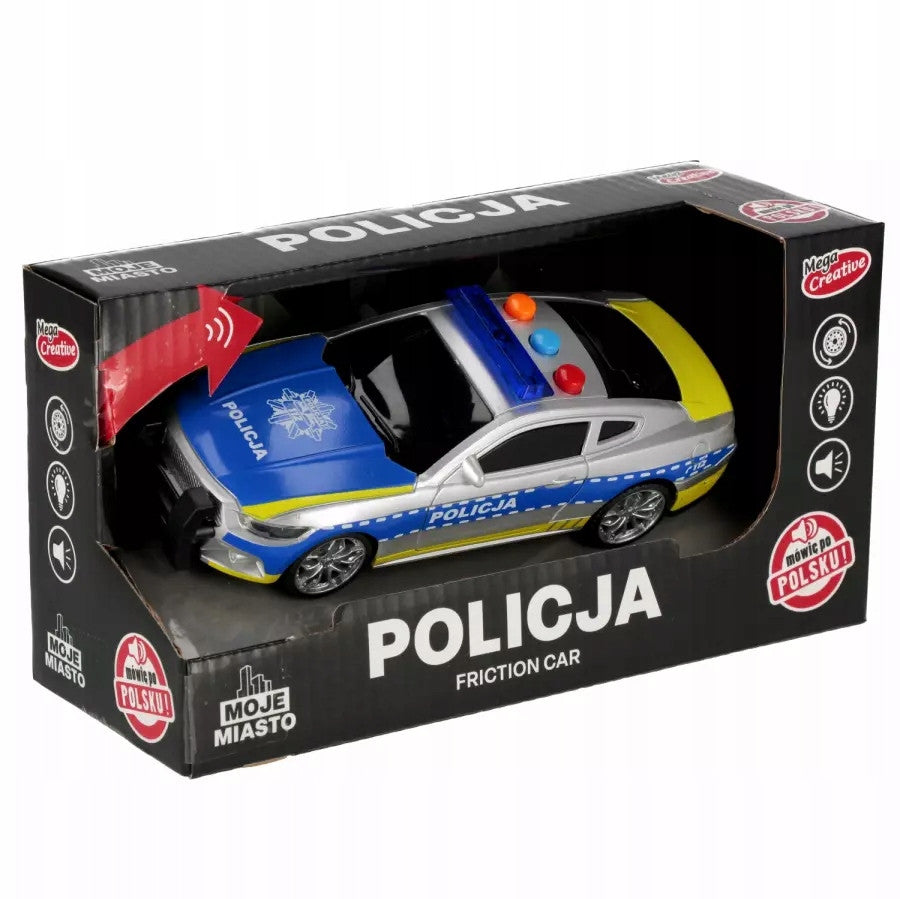 Police police car drive, speaks in Polish the sound of slipping, escaping. Brand Mega Creative