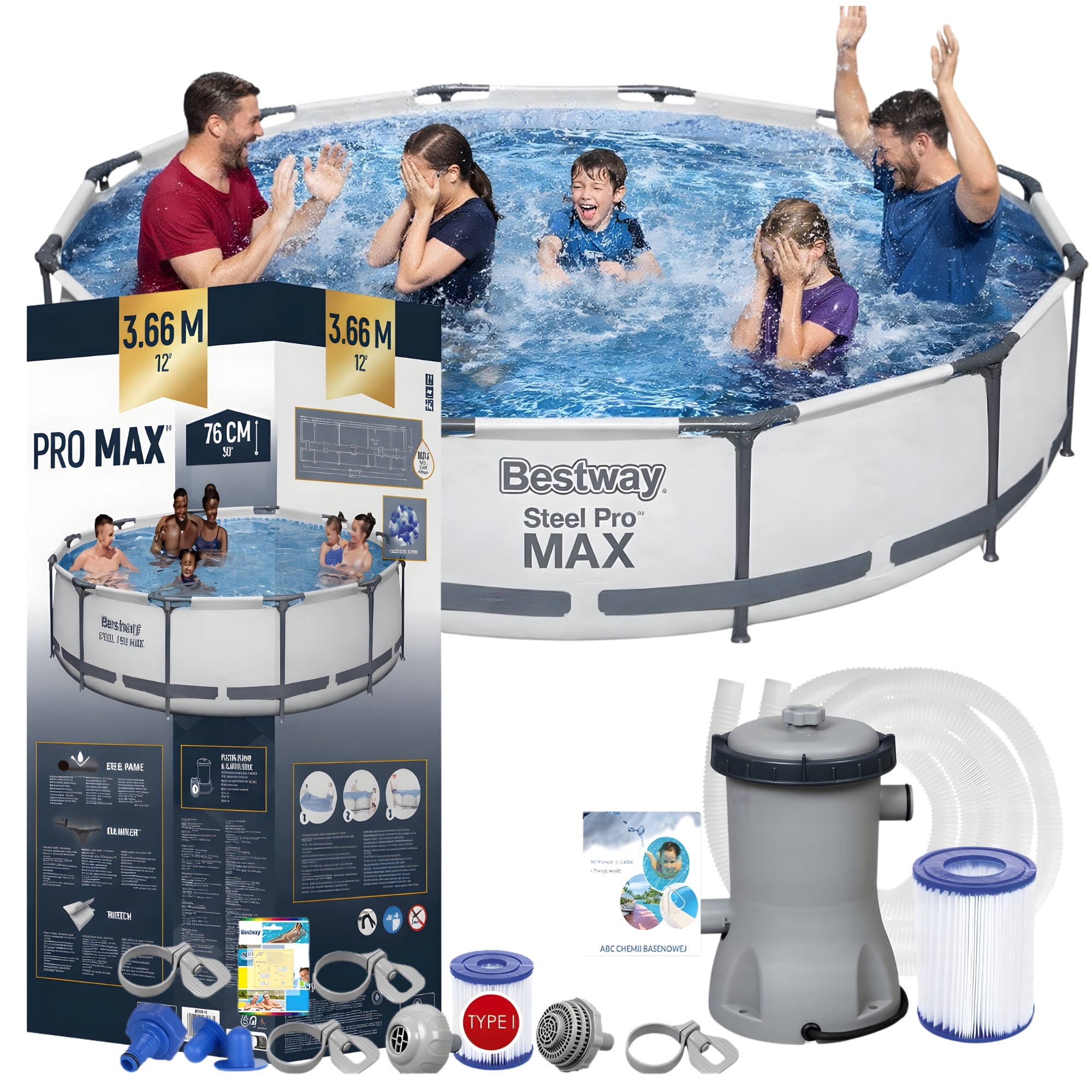 Pool Framed GARDEN Bestway 366x76 PUMP 7in1 SET FILTER LARGE ROUND