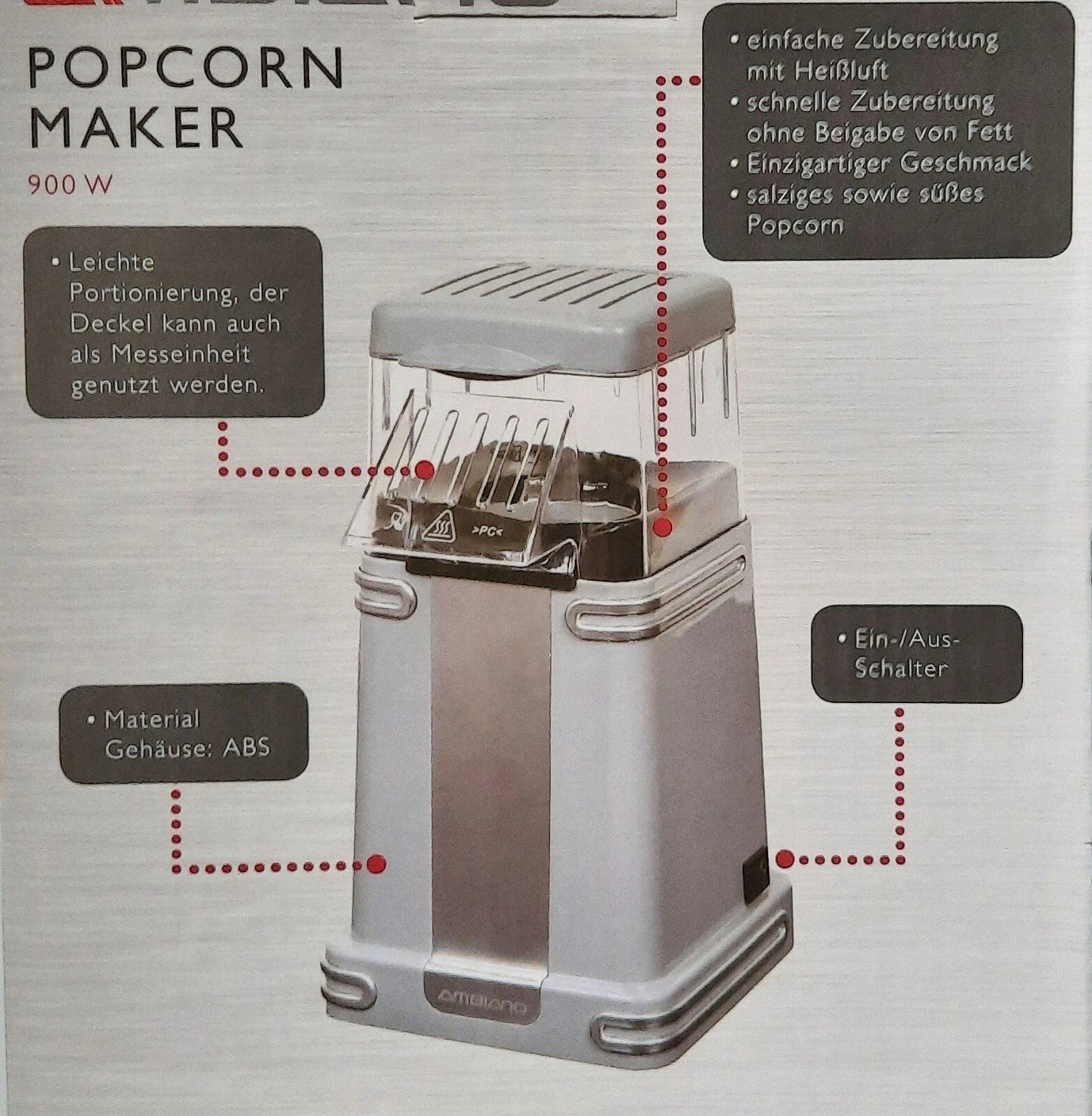Popcorn Machine Ambiano 900W Fat Free Hot Air Oil Free Packaging status original