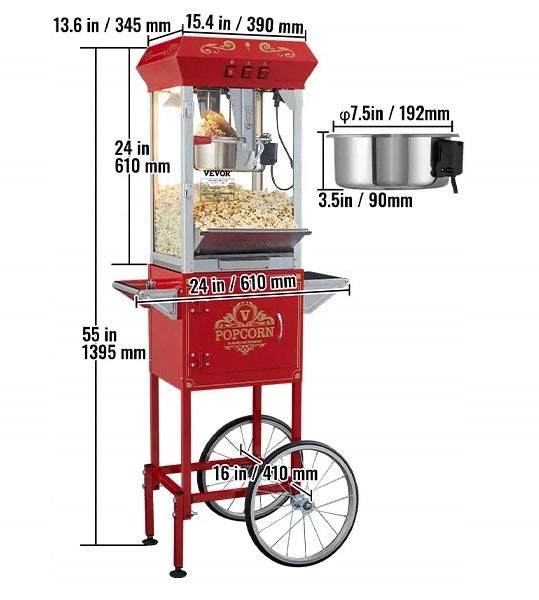 Popcorn Machine With Trolley 850W 8oz Cinema Style Red Brand no brand