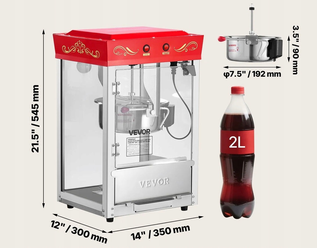 Popcorn machine automatic gastronomy device 800W premium red steel Brand no brand