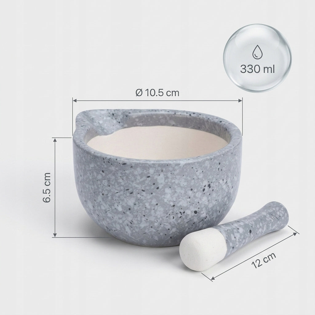 Porcelain mortar for grinding pepper coffee spices with a pestle of herbs Packaging status original