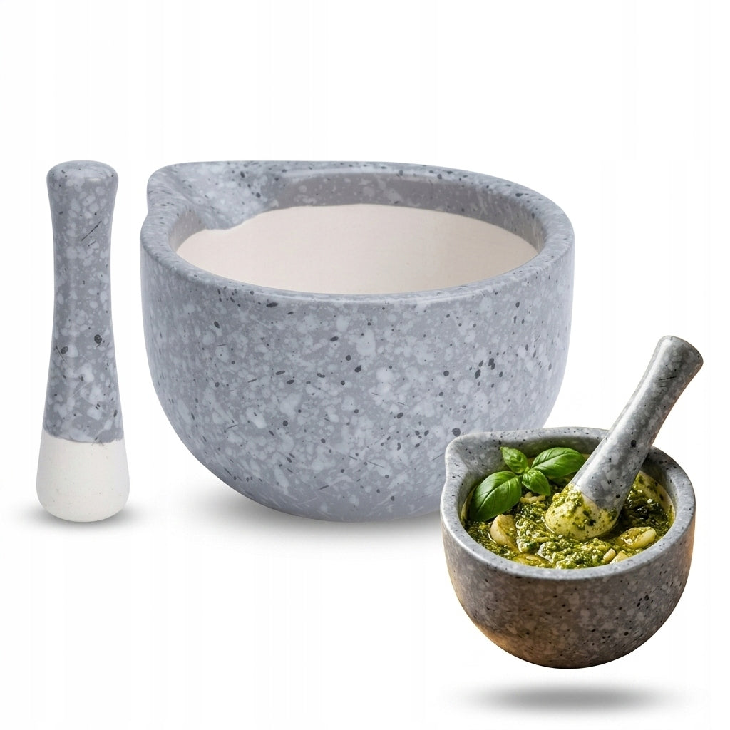 Porcelain mortar for grinding pepper coffee spices with a pestle of herbs