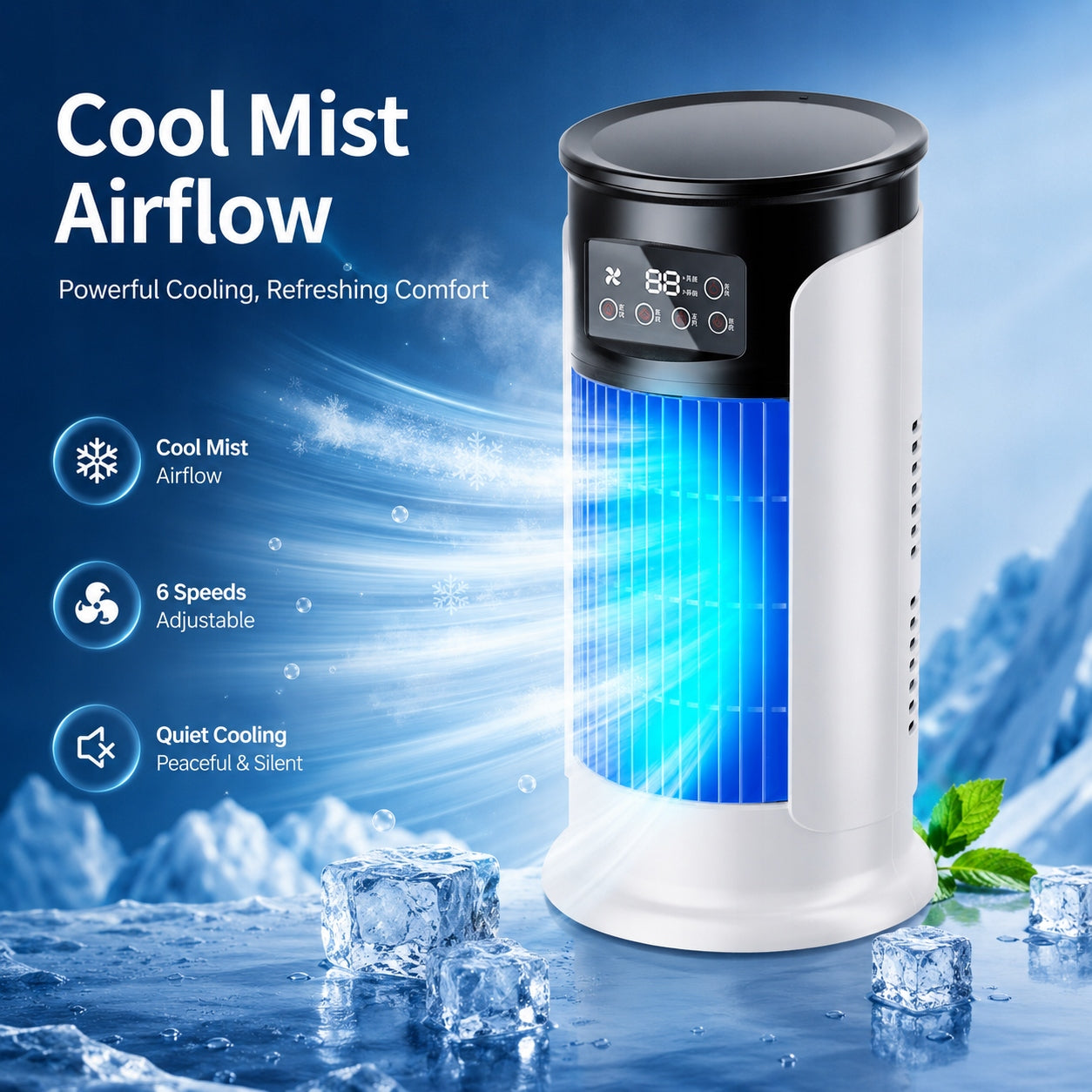 Portable Air Conditioner Tower Air Fan Mist Humidifier USB 6 Dominant color white